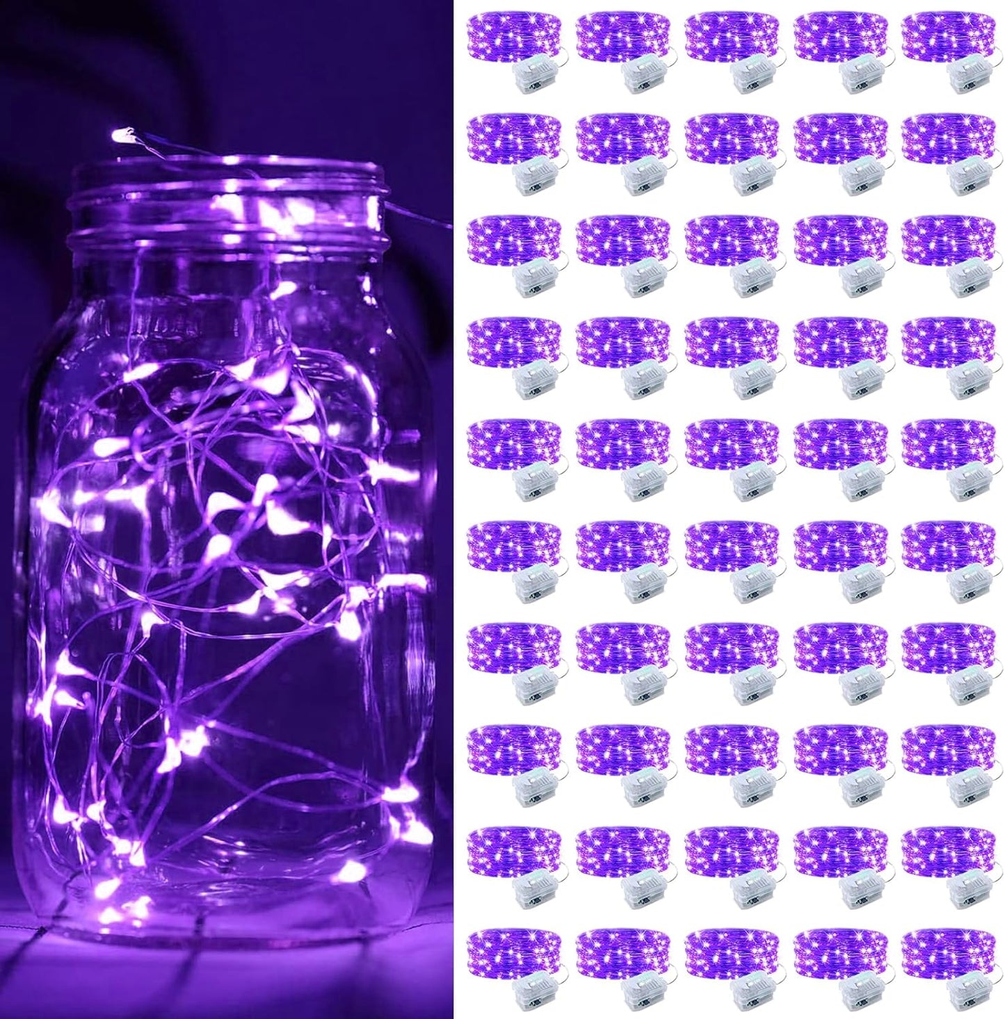 ZGWJ 50 Pack Fairy Lights Battery Operated, 7ft 20 Mini LED Fairy String Lights Silver Wire 3 Modes for DIY, Parties, Wedding, Bedroom, Halloween Christmas Decoration Purple