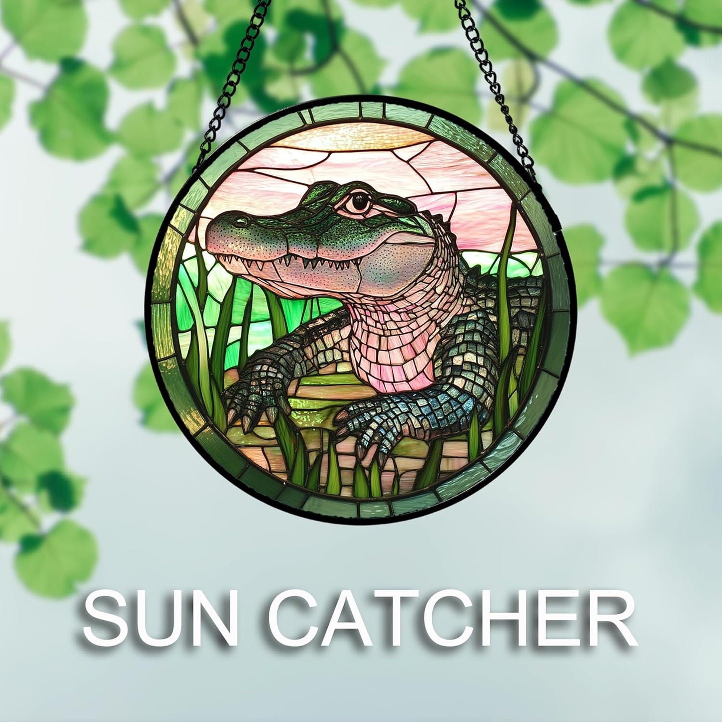 Stained Glass Window Hanging 4 Pcs Set Cute Animal 7.8"- Green Plant Pink Suncatcher Door Garden Sun Catcher Decor Birthday Christmas for Mom Woman Nana Men Friend