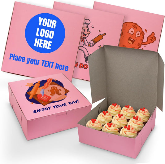 MT Products Custom Printed Pink Cupcake Boxes 8" x 8" x 3" - Personalized Disposable Bakery Boxes