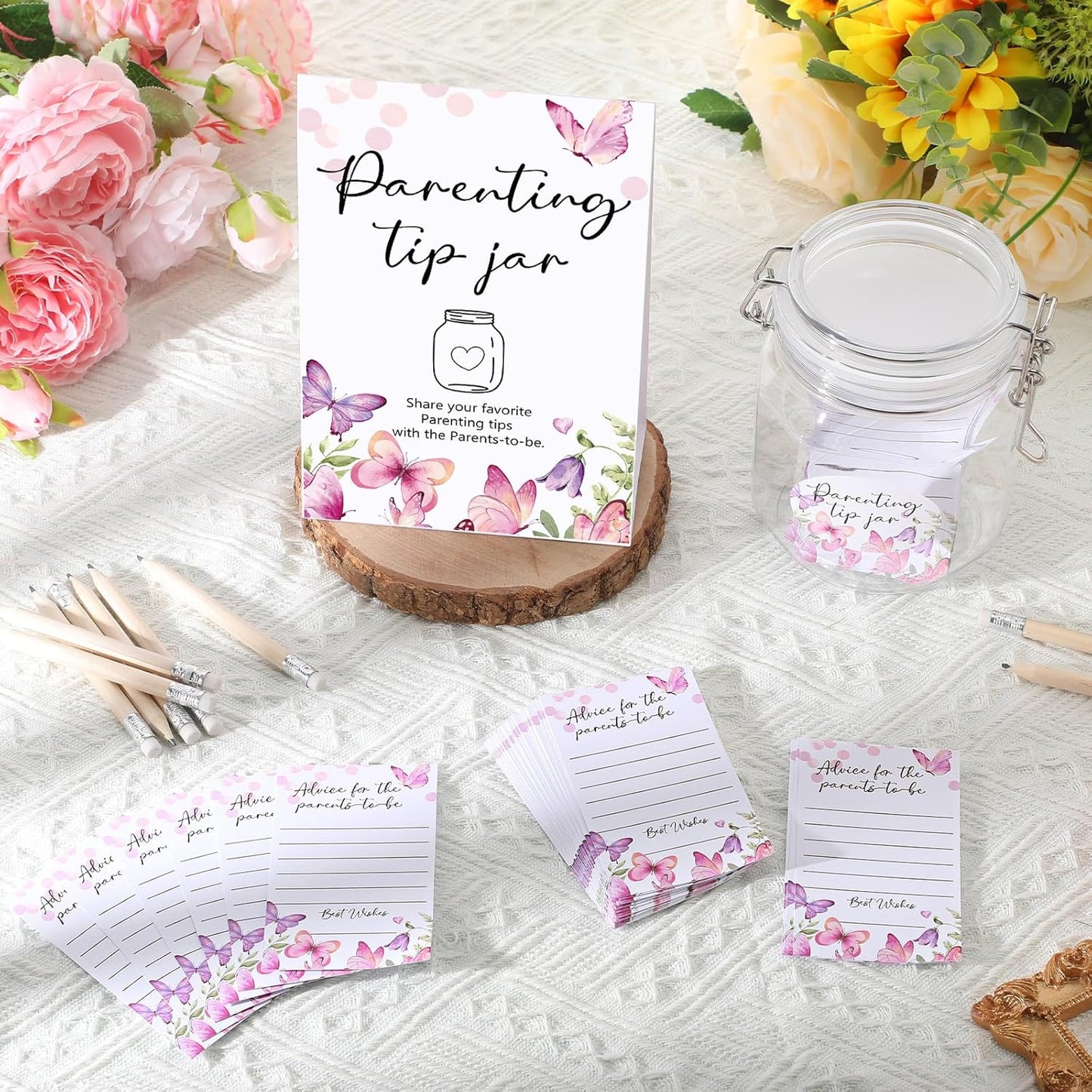 Roowest Baby Shower to Baby Advice Cards for New Parents to Be - Tip Jar Sign for New Parents 60 Parenting Advice Cards 10 HB Pencils 2 Cute Stickers 1 Pet Bottle for Guests Games(Butterfly)