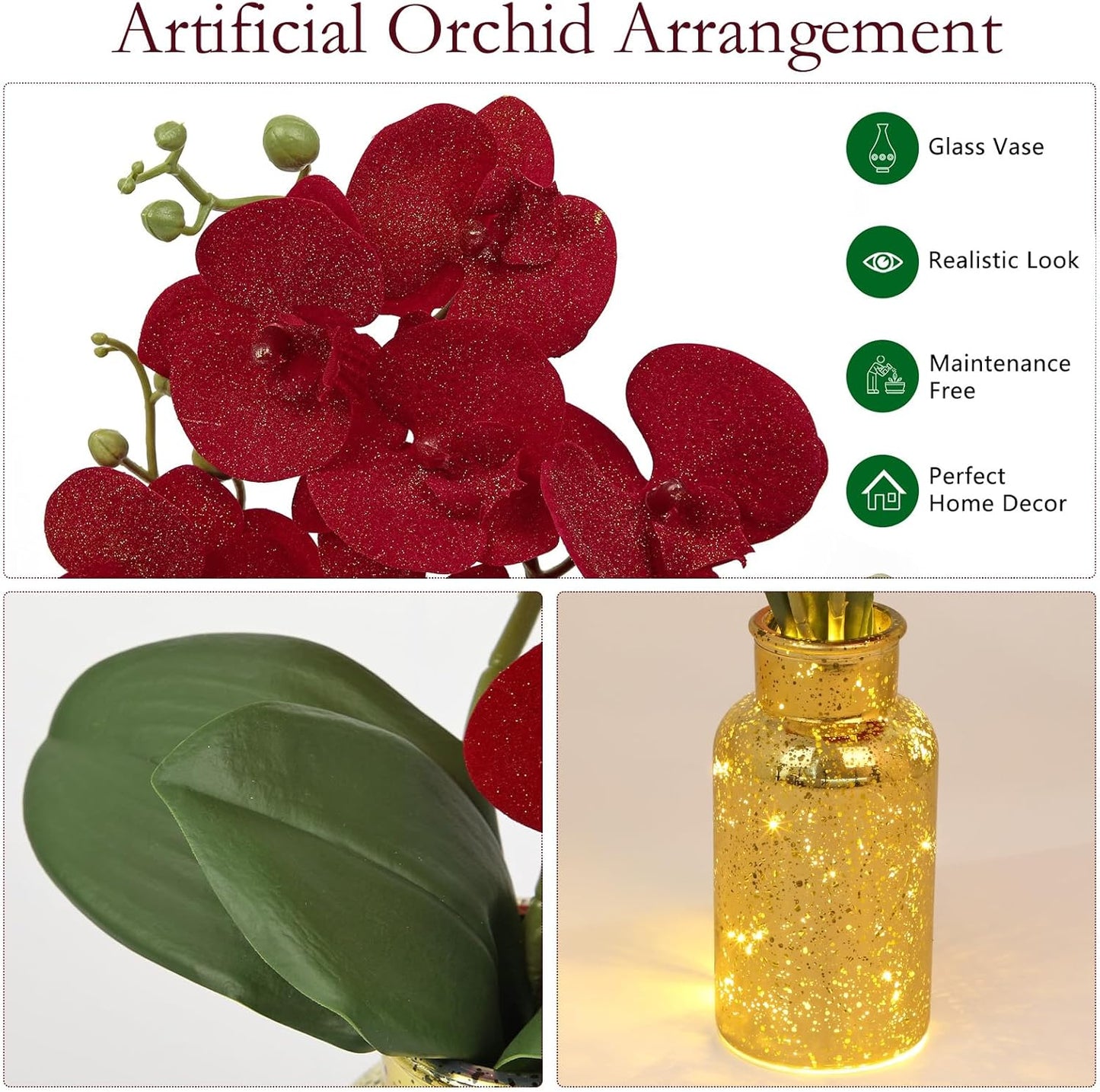 Red Orchids Artificial Flowers Faux Orchid Arrangement with Gold Glass Vase Real Touch Velvet Phalaenopsis Orchid Flowers Orchids Centerpiece for Dining Room Table