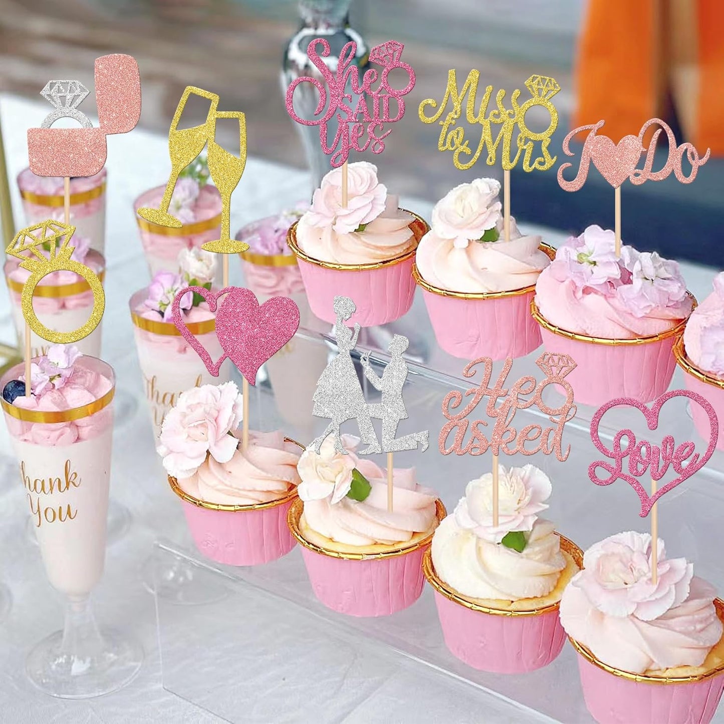 30 PCS He Asked She Said Yes Cupcake Toppers Glitter Miss to Mrs I Do Love Heart Ring Cupcake Picks Wedding Engagement Cake Decorations for Wedding Engagement Bridal Shower Party Supplies Colorful