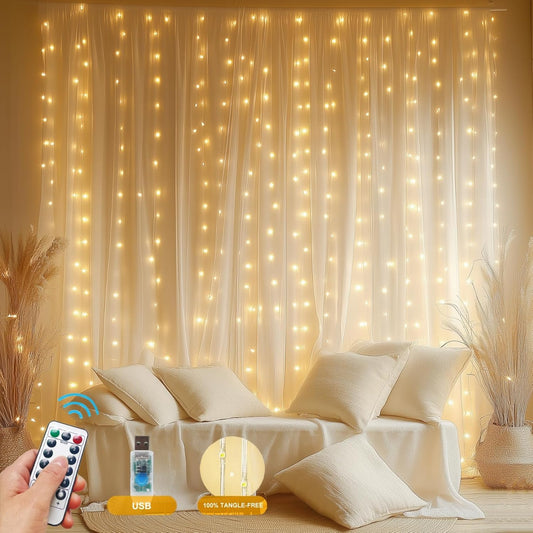 2 Pack Fairy Curtain Lights Upgraded Tangle-Free Warm White USB Plug in 8 Modes String Hanging Lights with Remote for Christmas, Bedroom, Indoor, Outdoor, Weddings, Party (6.6FTx6.6FT)