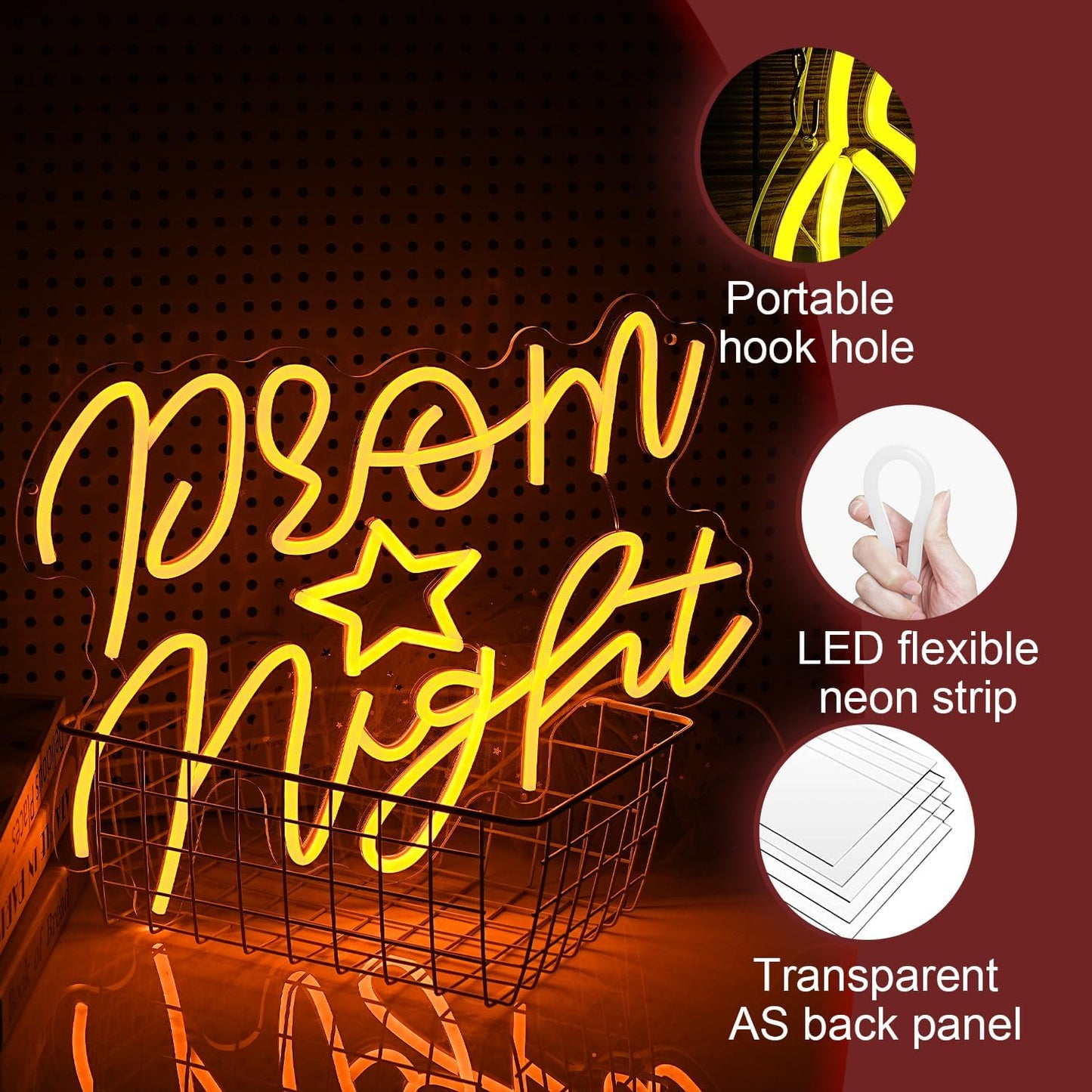 Prom Night Neon Sign for Wall Decor Yellow LED Words Neon Light by USB Powered Dimmable Prom Night Light Up Sign for Prom Birthday Wedding Christam Party Bar Decor(16.1 * 12.6In)