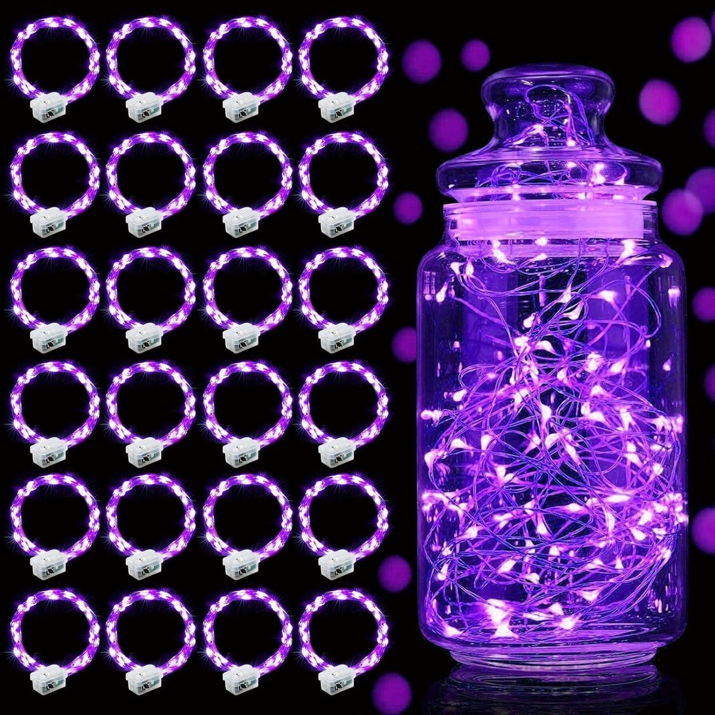 Aogist 24 Pack Fairy Lights 3 Modes 7ft 20 LED Waterproof,Battery Operated Silver Wire Firefly Starry Moon Mini String Lights for Mason Jars Christmas DIY Crafts Wedding Party Bedroom,Purple
