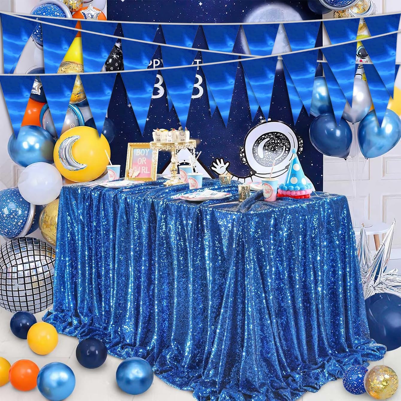 40M/130FT Blue Triangle Pennant Banner Flag Metallic Fabric Bunting Garland for Christmas Graduation Wedding Engagement Anniversary Bachelorette Birthday Bridal Shower Valentines Hen Party Supplies