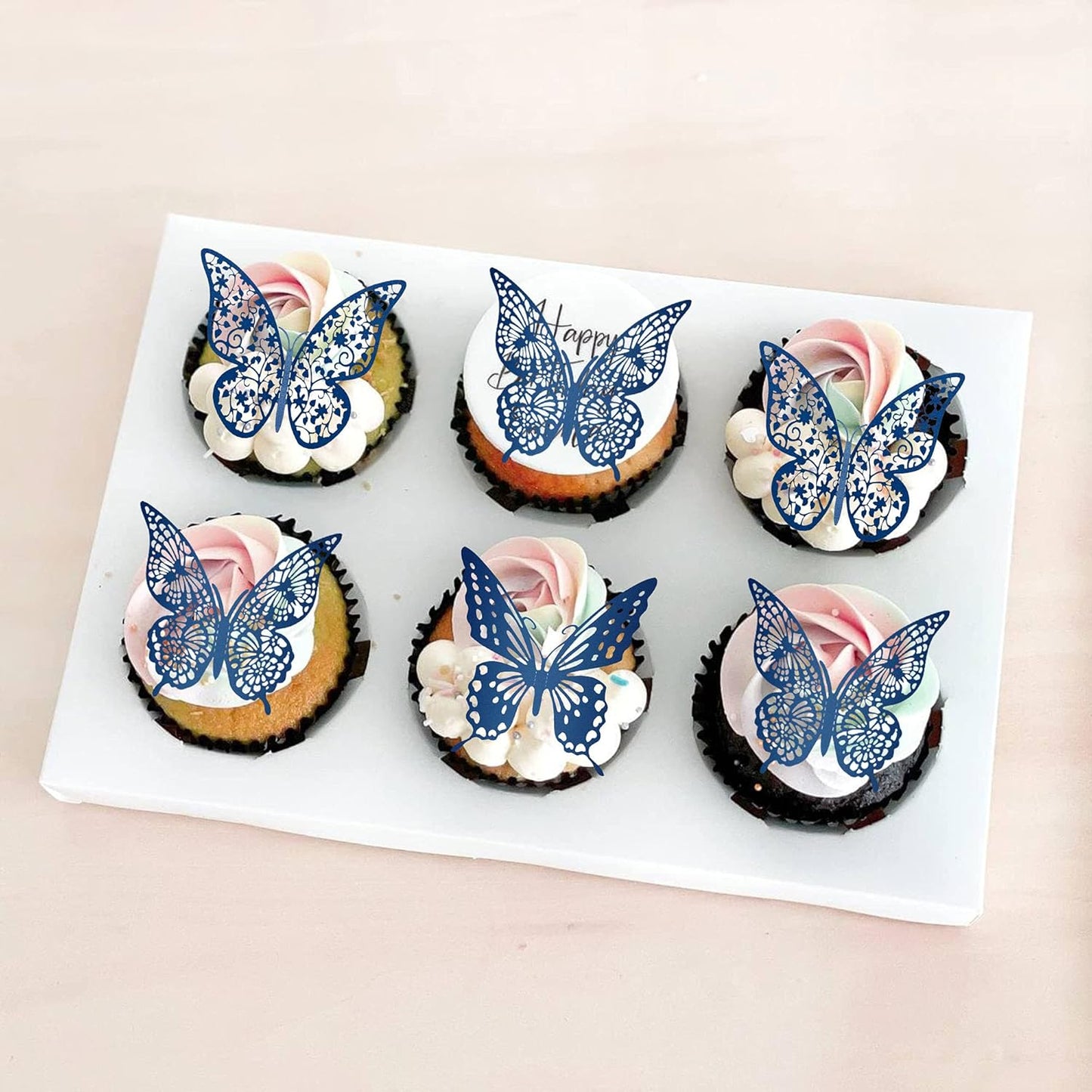 Gyufise Lively 3D Butterfly Cupcake Toppers - 36 Pack Hollow Cake Decorations for Birthday, Wedding, Fairy Party - Blue Glitter