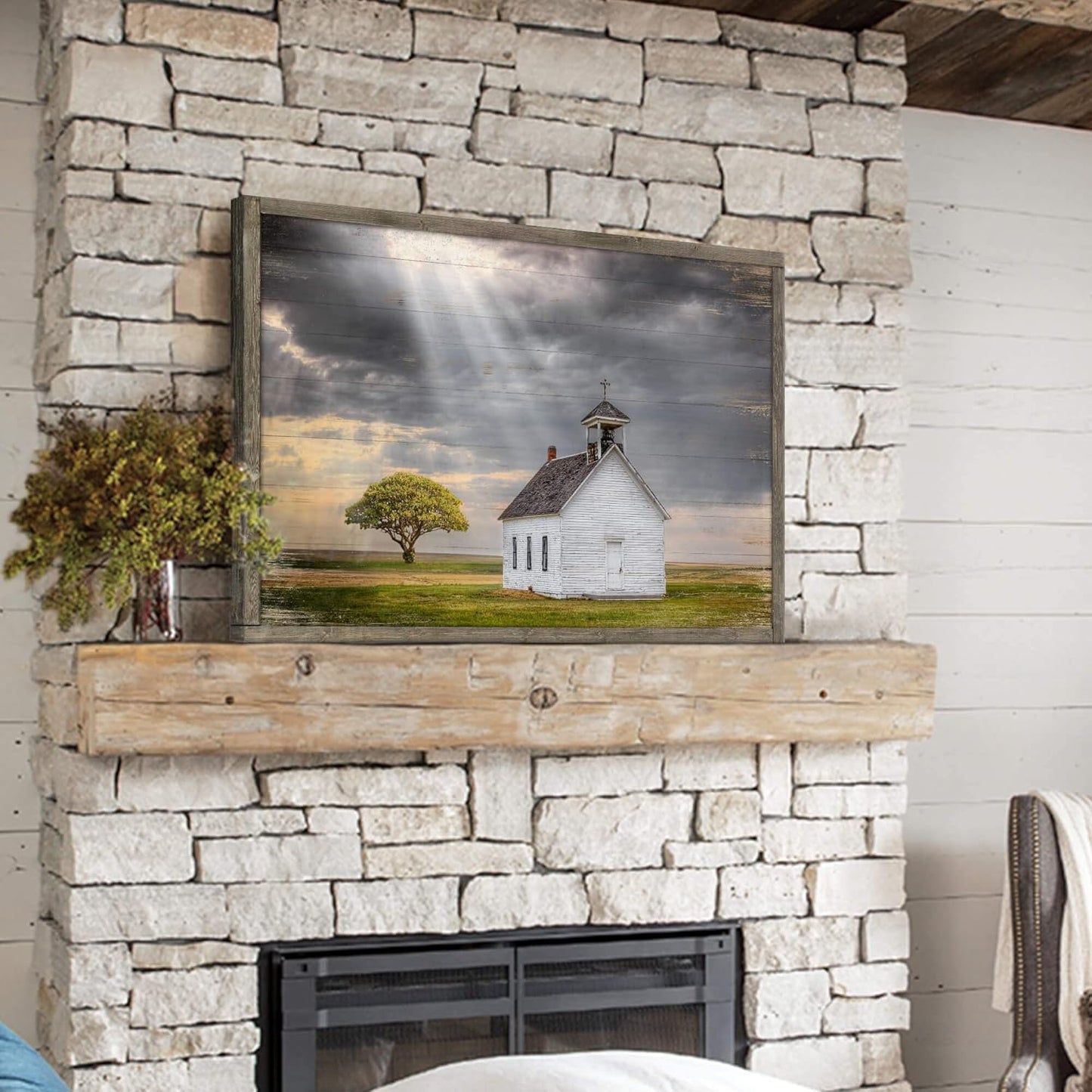 Wooden Barn Landscape Artwork Painting - Rustic Handcrafted Framed Countryside Picture Wall Art for Home Wall Decor