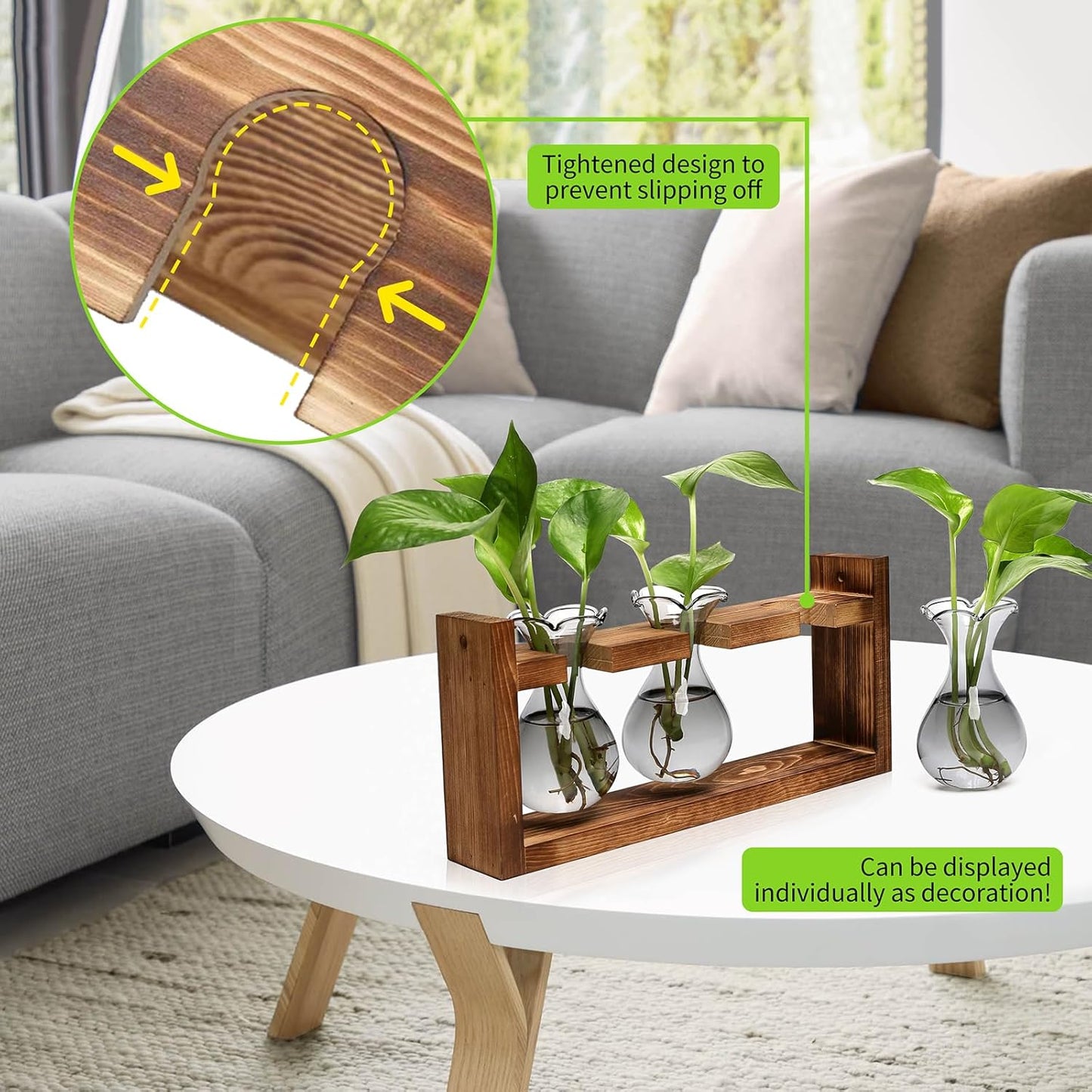 Plant Propagation Station Plant Terrarium Unique Birthday Gifts for Women Home Office Decor Planter with Wooden Stand - 3 Bulb Glass Vase