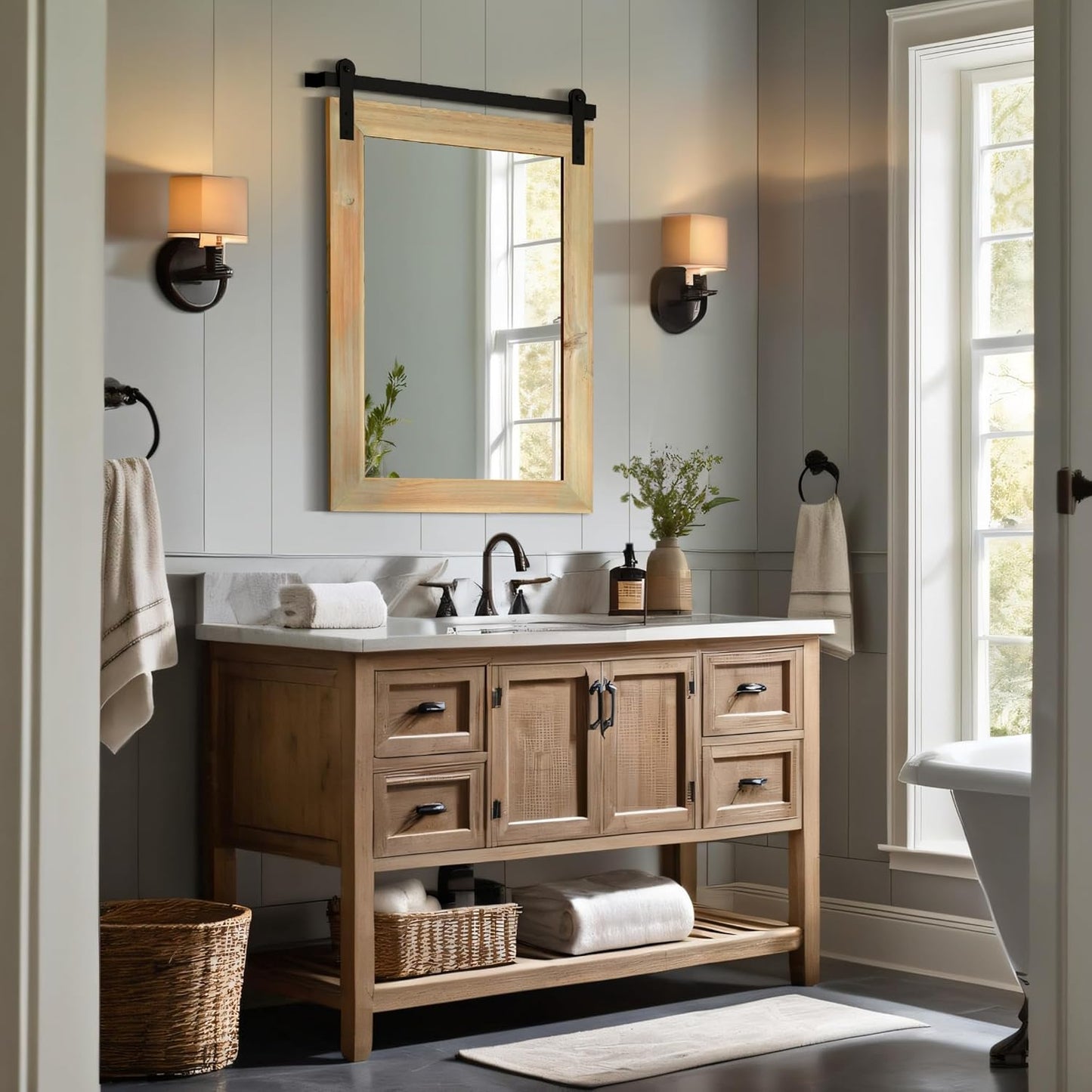 COGOOD Farmhouse Barn Door Mirror - 21" x 30" Rustic Wood Framed Wall Mirror for Bathroom, Living Room, Entryway Wall Decor (Burlywood)