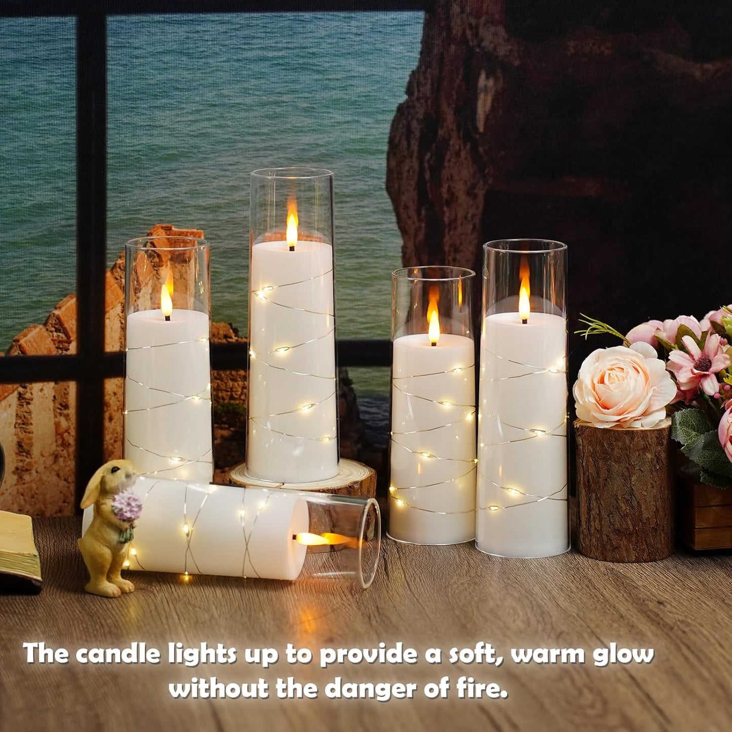 Flameless LED Candles with Timer 9 Pc Flickering Flameless Candles for Romantic Ambiance and Home Decoration Stable Acrylic Shell,with Embedded Star String，Battery Operated Candles（White）
