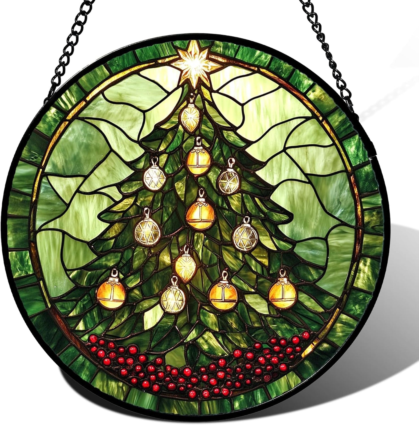 Stained Glass Window Hanging - Green Christmas Tree Golden Bells Suncatcher for Doors Home Christmas Decoration Sun Catcher Thanksgiving New Year Birthday Gift for Women Men Mom Nana 9.8 in