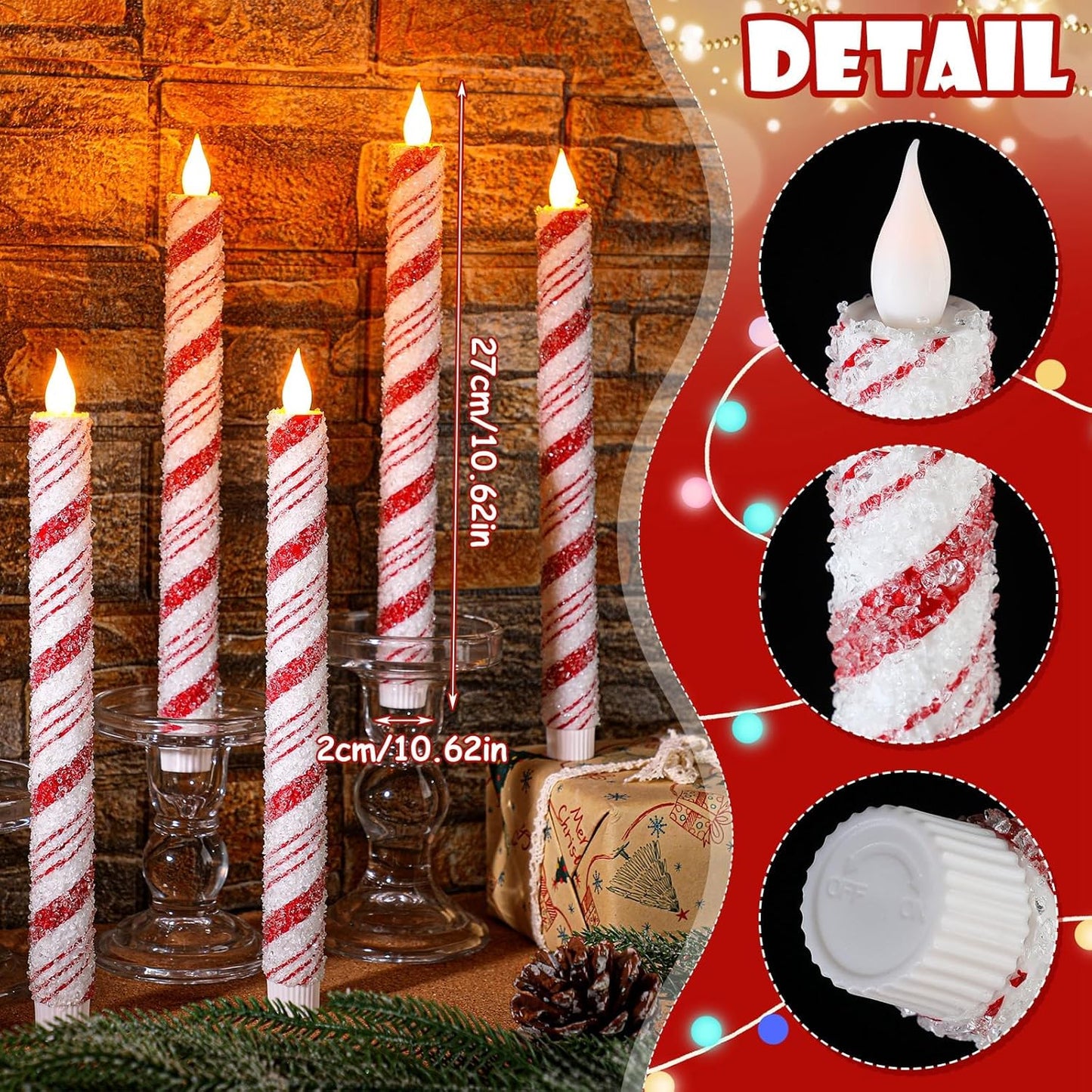 Baquler 6 Pcs Christmas Flameless Taper Candles 10.6 Inch Sea Salt Candy Cane Candles Battery Operated LED Christmas Candlesticks for Xmas Centerpiece Holiday Party Decor