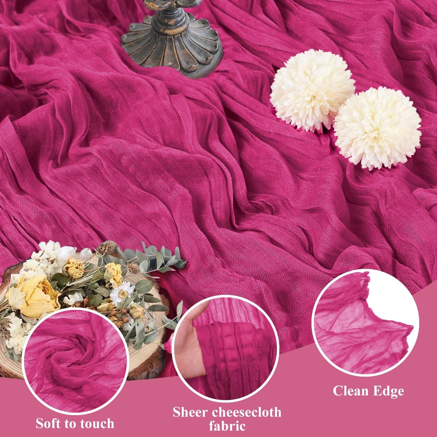 Asee'm 6pcs Cheesecloth Table Runner 120 Inches Long Fuchsia Boho Gauze Cheese Cloth Runner 10FT Rustic Sheer Table Runners for Christmas Wedding Party Baby Shower Spring Easter Decoration
