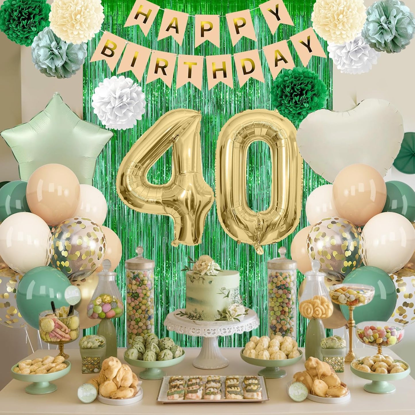 Sage Green 40th Birthday Decorations for Men Gold Number 40 Balloon Nude Gold Happy Birthday Banner Fringe Curtain Paper Pom Poms Olive Green Cream White Sand Star Foil Balloons Party Decor