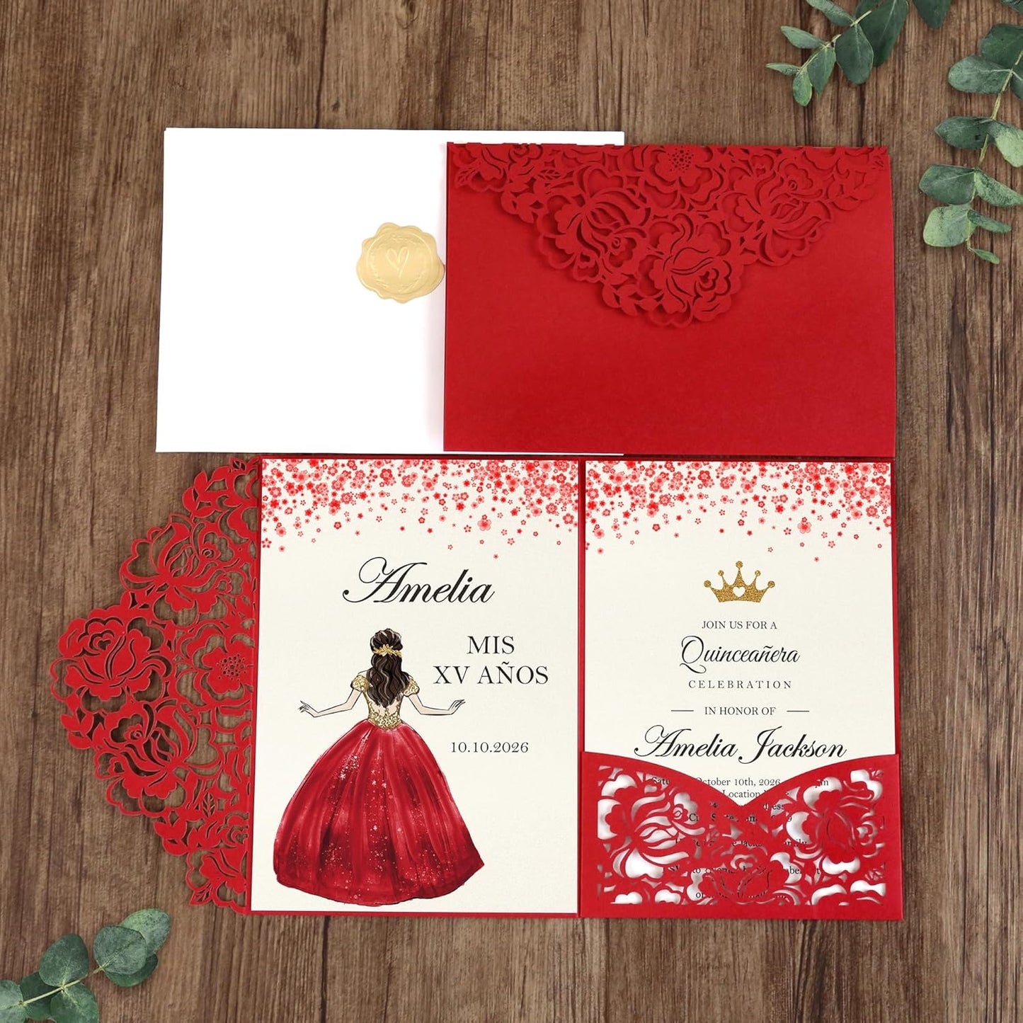 DORIS HOME 50pcs Laser Cut Quinceanera Invitation Pockets with Envelopes Red, 5.12" x 7.12"Invitation Cards for Birthday, Miss 15, Sweet 16 (No Inserts Included)
