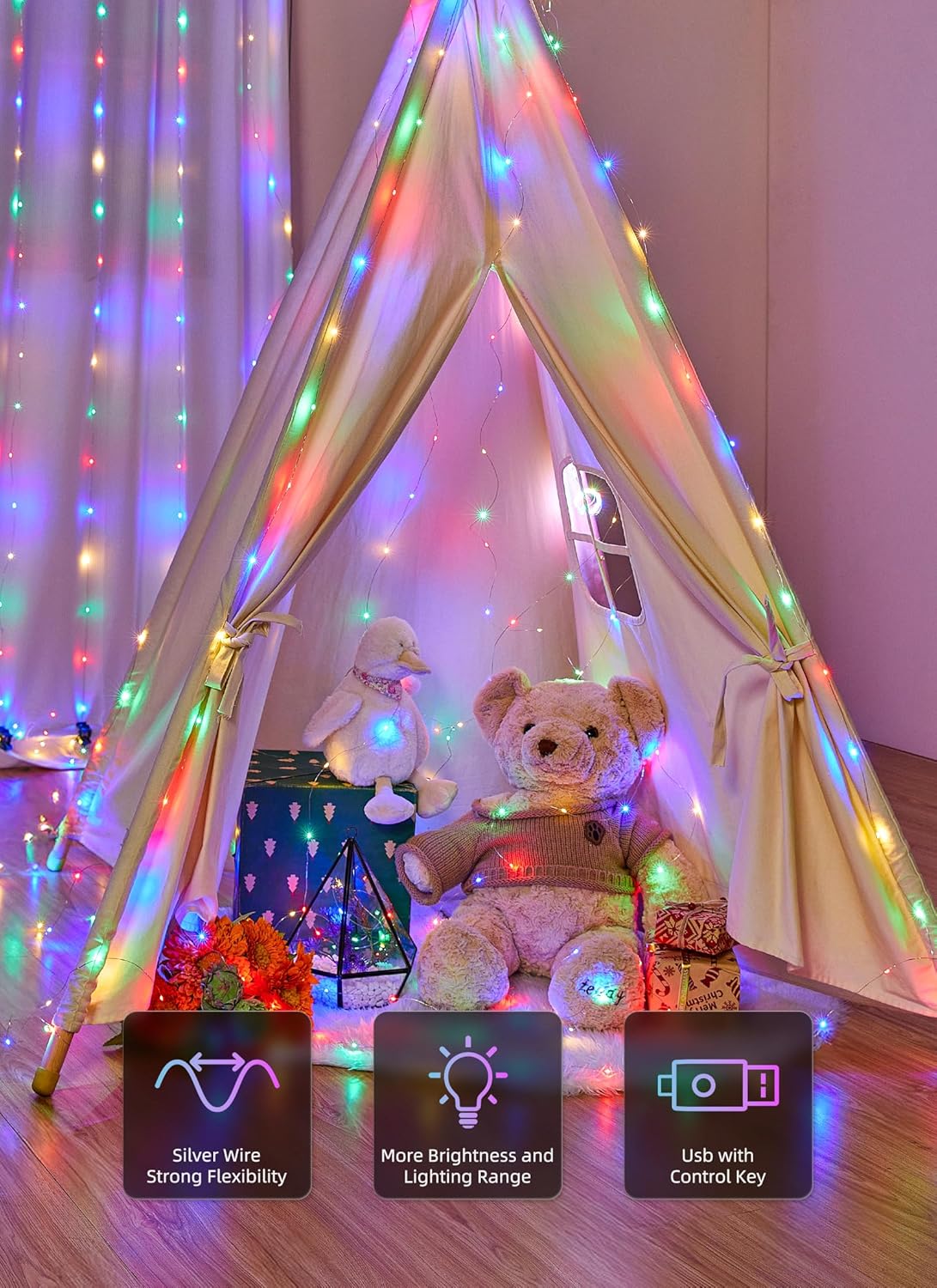 Brightown 300 LED Fairy Curtain Lights, 9.8ft x 9.8ft Multicolor Curtain String Lights, USB Plug in 8 Lighting Modes Christmas String Hanging Lights with Remote for Bedroom Indoor Outdoor Party Xmas