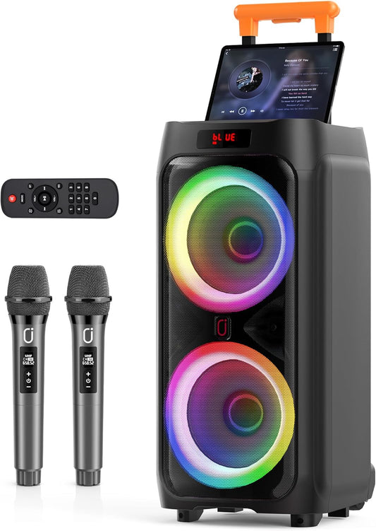 JYX Karaoke Machine with 2 Wireless Microphones, 8" Big Portable Bluetooth Speaker for Adults with RGB Light PA System Treble & Bass, Support TWS/USB/AUX/TF Card/REC, for Home Party Outdoors