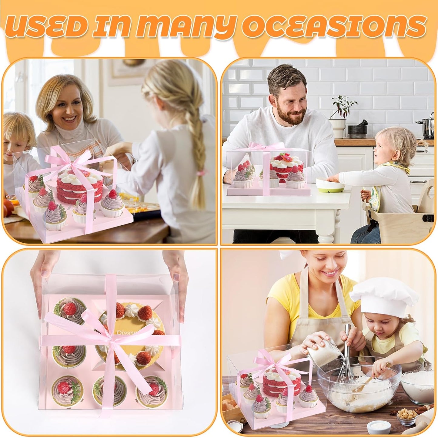 JCD 3 Packs Pink 1+5 Cupcake Containers with Gift Ribbon Cake and Cupcake Combo Bento Boxes with Clear Lid and 5 Cupcake Holes Pastry Sweets Bento Box(Pink 1+5/3Pcs)