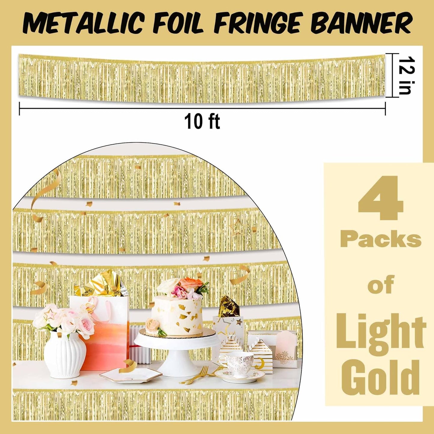 4 Pack 10 Ft Light Gold Foil Fringe Garland Metallic Streamers Tinsel Banner Wall Hanging Garland Backdrop for Parade Floats, Halloween, Christmas, Thanksgiving, New Year Party Decorations