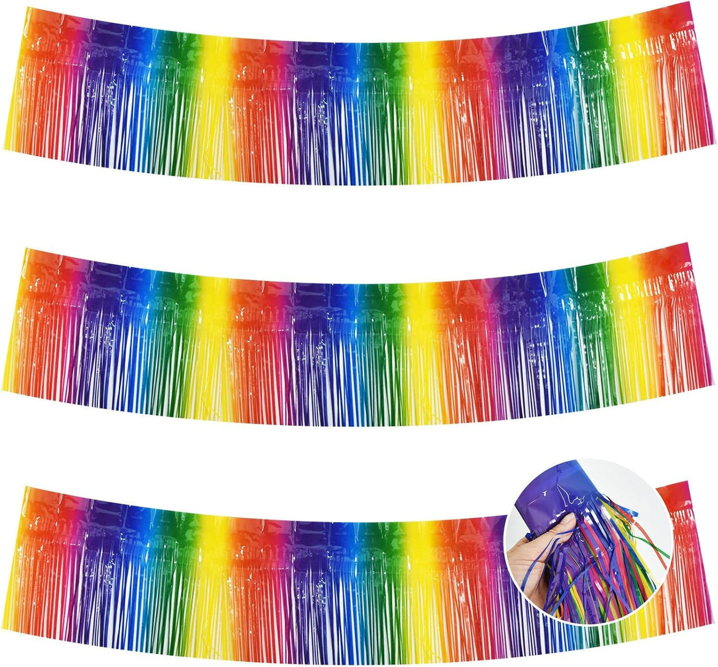 BEISHIDA 3 Packs Metallic Foil Fringe Garland Rainbow Wall Hanging Tinsel Fringe Banners for Car Floats Bridal Shower Wedding Birthday Easter Graduation Holiday Party Decoration(30 Feet)
