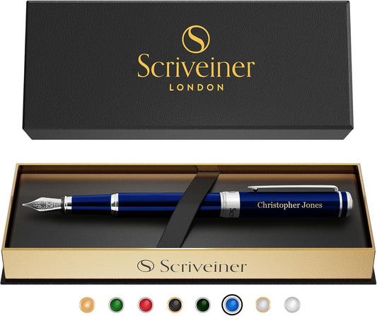 Scriveiner Personalized Midnight Blue Pen - Stunning Blue Lacquer Luxury Pen, Chrome Finish, German Schmidt Nib (Medium), Best Engraved Fountain Pen Gift Set for Men & Women, Name Engraving