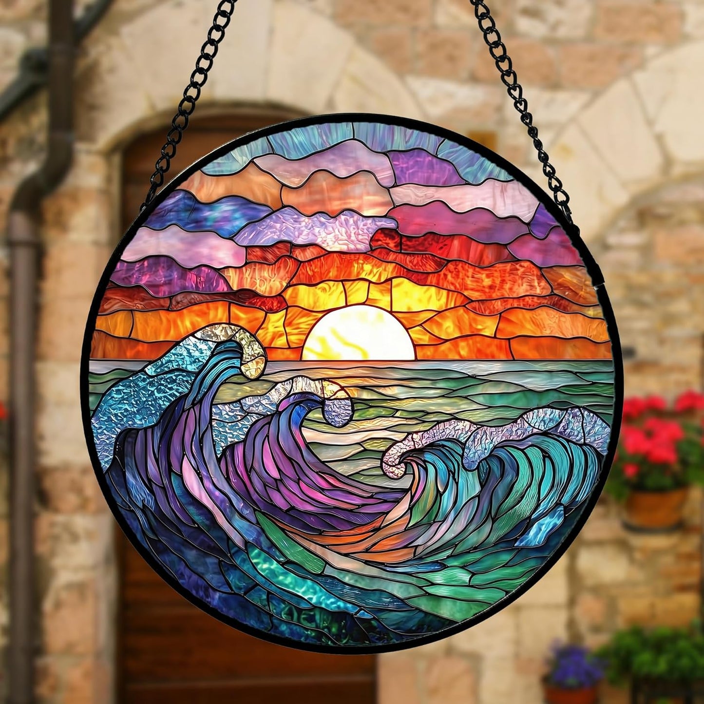 Stained Glass Window Hanging, Clouds and Sea Waves Suncatcher Diamond Glass Panel Hangings Scenery Sun Catchers Decor for Birthday for Women, Men, Wife, Aunt, and Mom 11.8 in