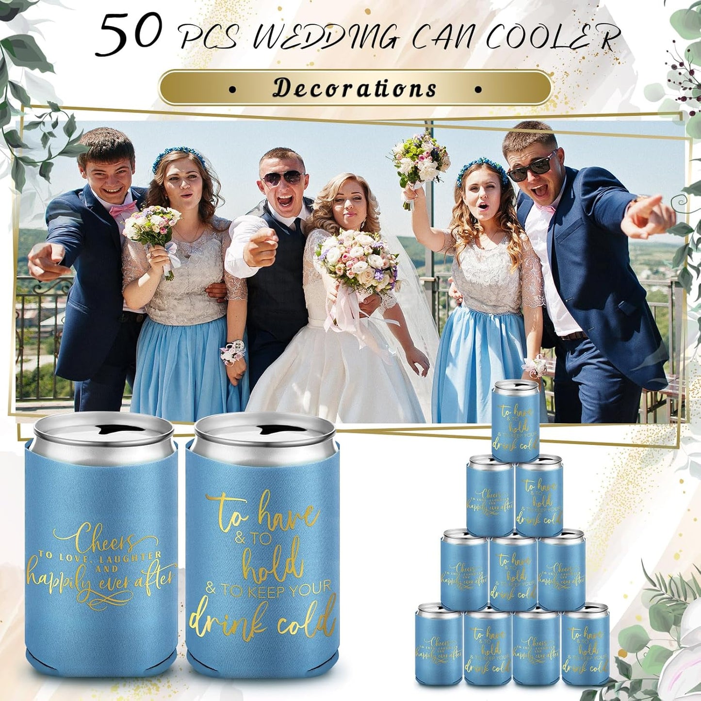 50 Pieces Wedding Can Cooler Bulk Engagement Party Favors for Guests Cheers to Love Laughter and Happily Ever After Rehearsal Dinner Decorations for Wedding Bridal(Haze Blue,Cute)