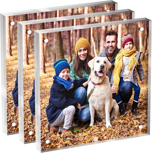 5x5 Acrylic Picture Frame 3 Pack, Clear Freestanding Double Sided Frameless Magnetic Photo Frames, Desktop Display Decor Gift
