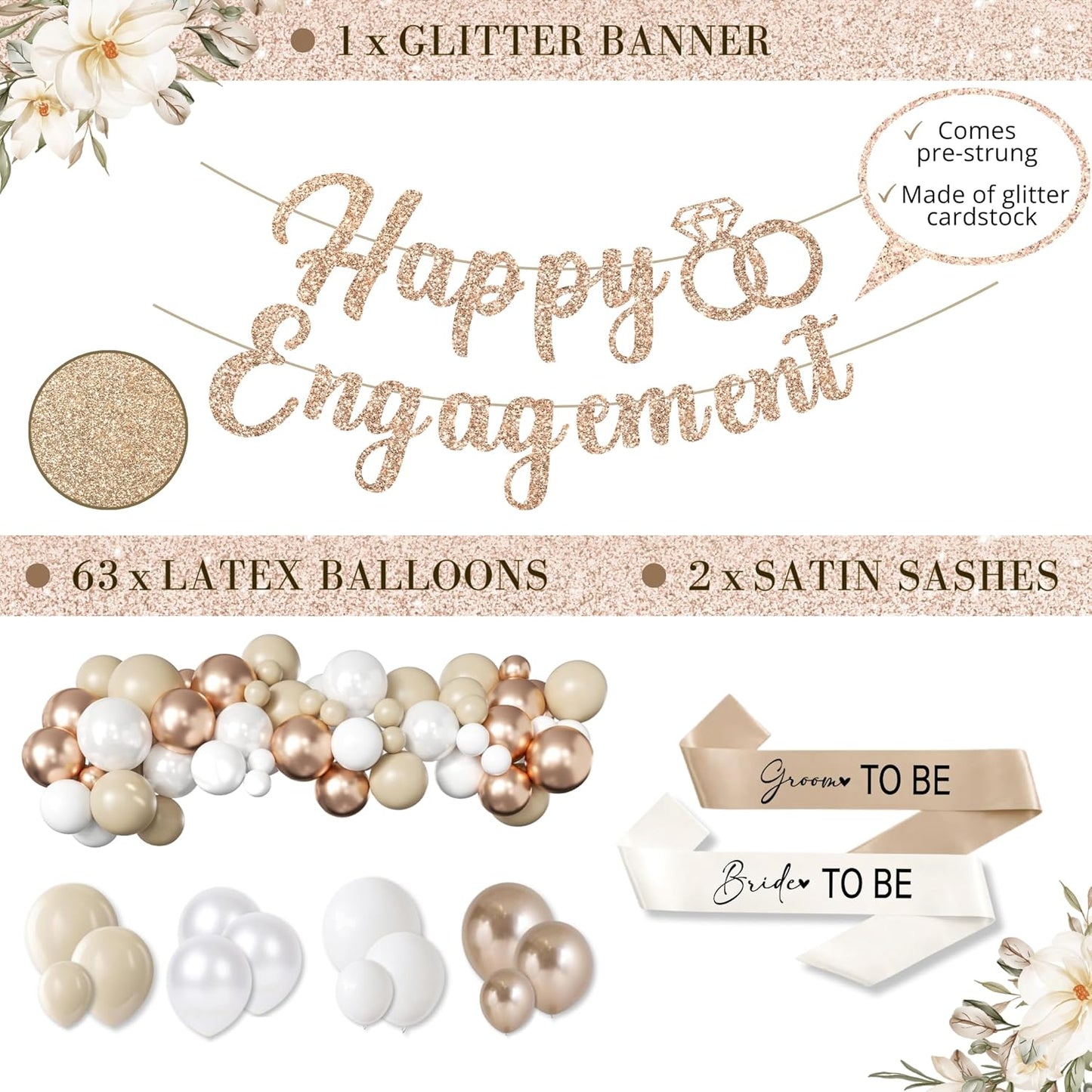 261 Pc Premium Engagement Party Decorations Kit – Elegant Mr. & Mrs. Wedding Balloons, Happy Engagement Banner, Diamond Ring White Gold Balloons, Cupcake Toppers – Classy Bride To Be Decor