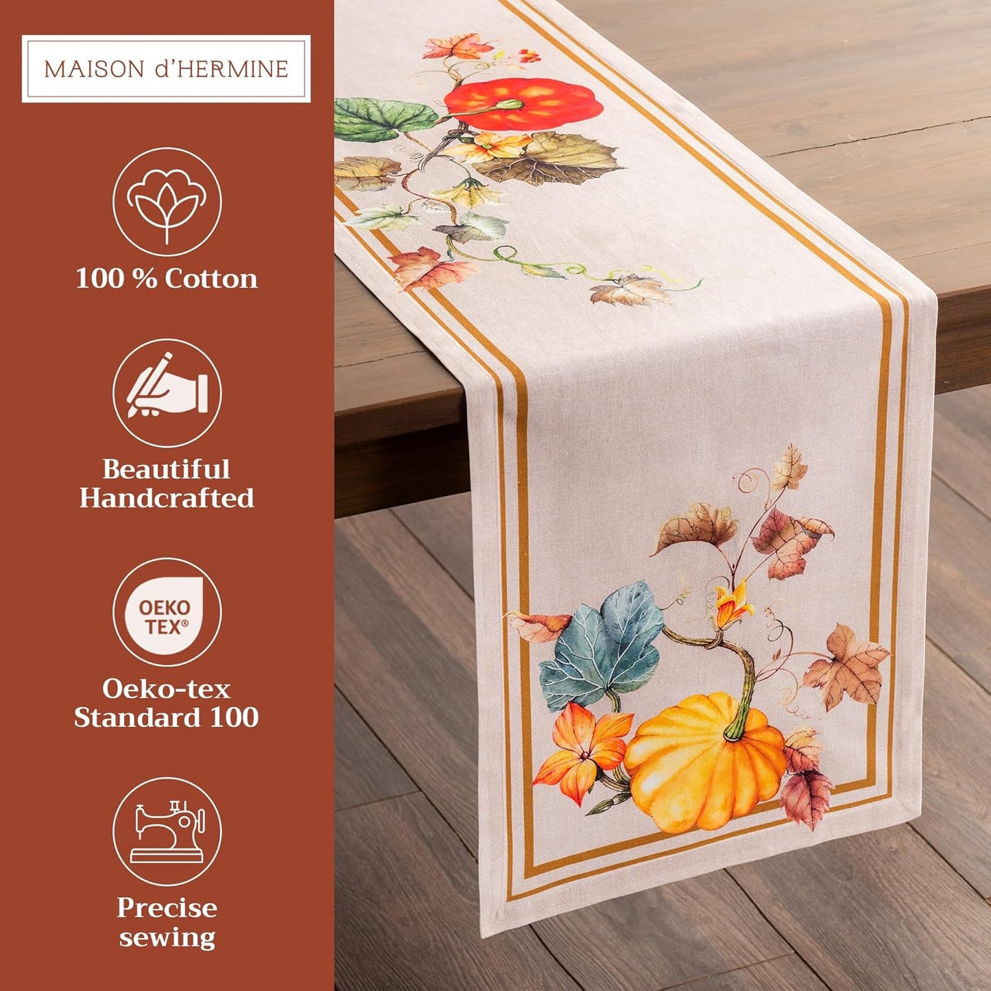 Maison d' Hermine Table Runner 100% Cotton Single Layer Table Runners 72 inches Long for Thanksgiving Christmas Decorations Home Kitchen Dining Party Wedding (Potiron, 14.5" x 72")