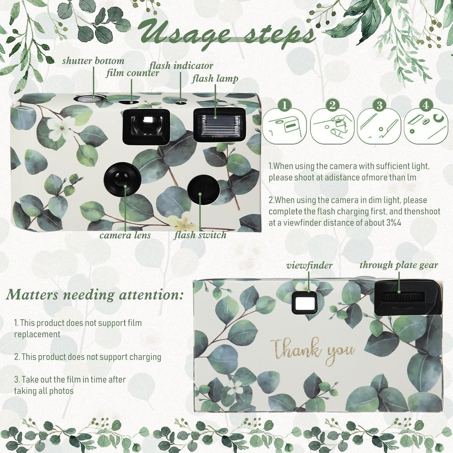 Kanayu 8 Pack Bulk Disposable Camera for Wedding, 35mm Single Use It with Flash Disposable Cameras One Time Photo Tool for Wedding Anniversary Travel Camp Party Supplies(Eucalyptus Leaves)