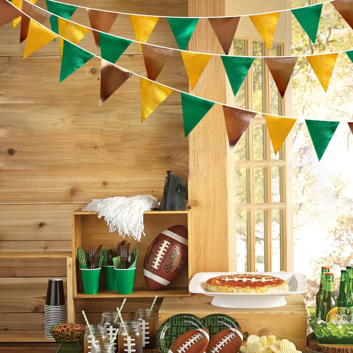 Green Gold Brown Metallic Fabric Triangle Pennant Banner Flag Bunting Garland for Football Jungle Safari Wild Woodland Birthday Baby Shower Wedding Bachelorette Graduations Party Decorations Supplies