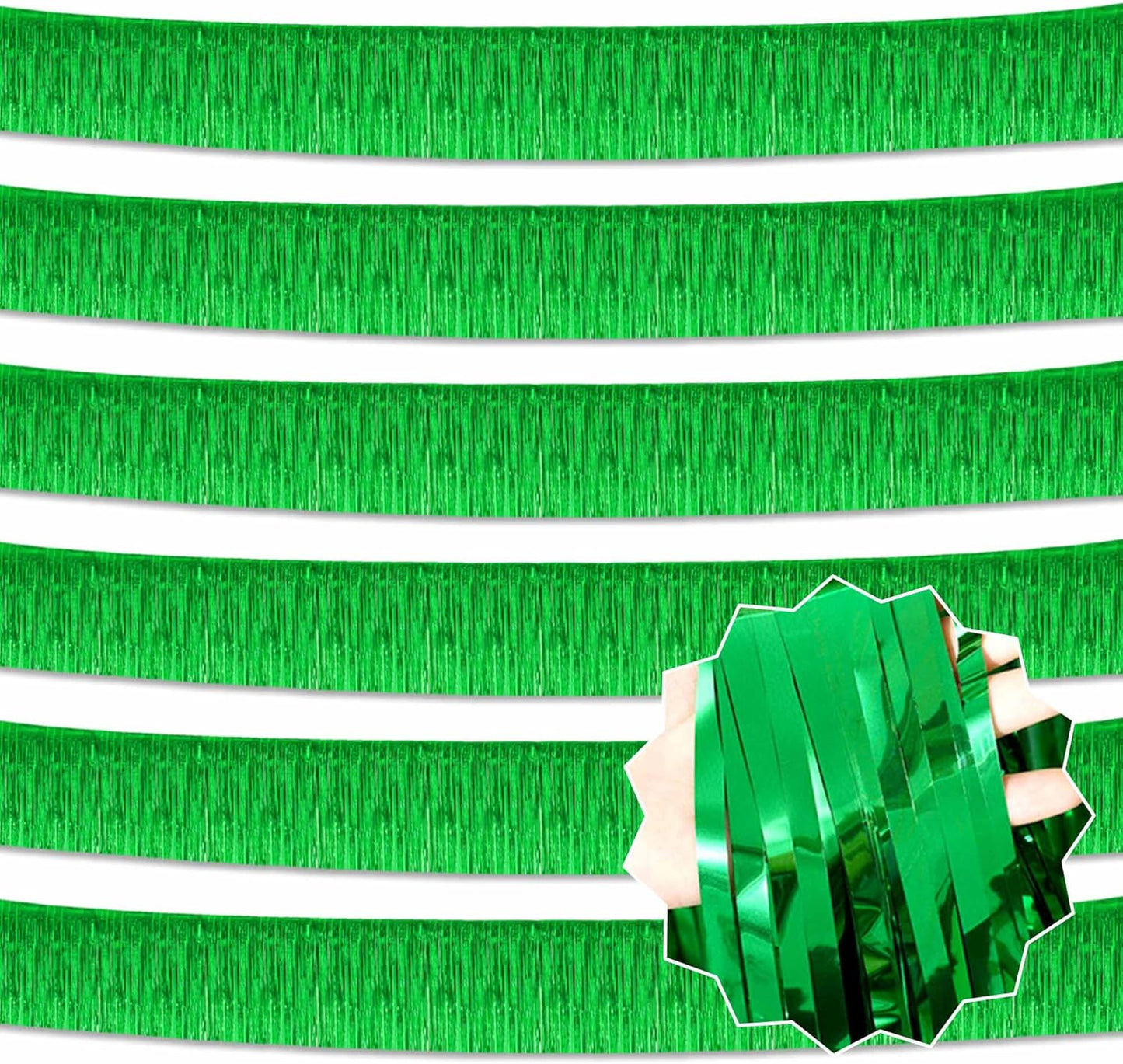6 Pack 10 Ft Green Foil Fringe Garland Metallic Streamers Tinsel Banner Wall Hanging Garland Backdrop for Parade Floats, Halloween, Christmas, Thanksgiving, New Year Party Decorations
