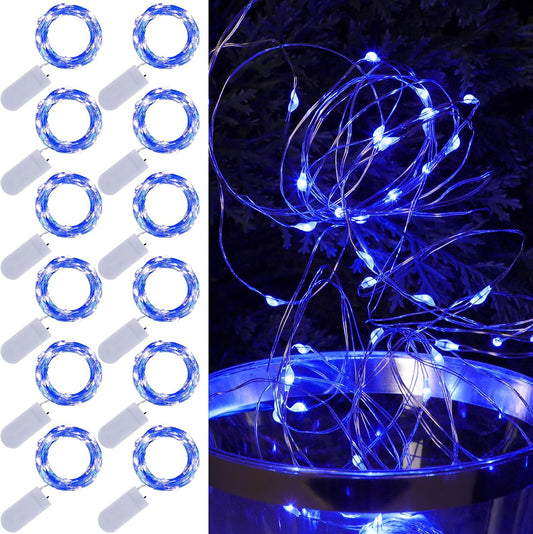 WATERGLIDE 12 Pack Fairy Lights Battery Operated (Included), 7 ft 20 LED Mini String Lights, Waterproof Silver Wire Firefly Starry Light for DIY Wedding Christmas Party Mason Jars Decor, Blue
