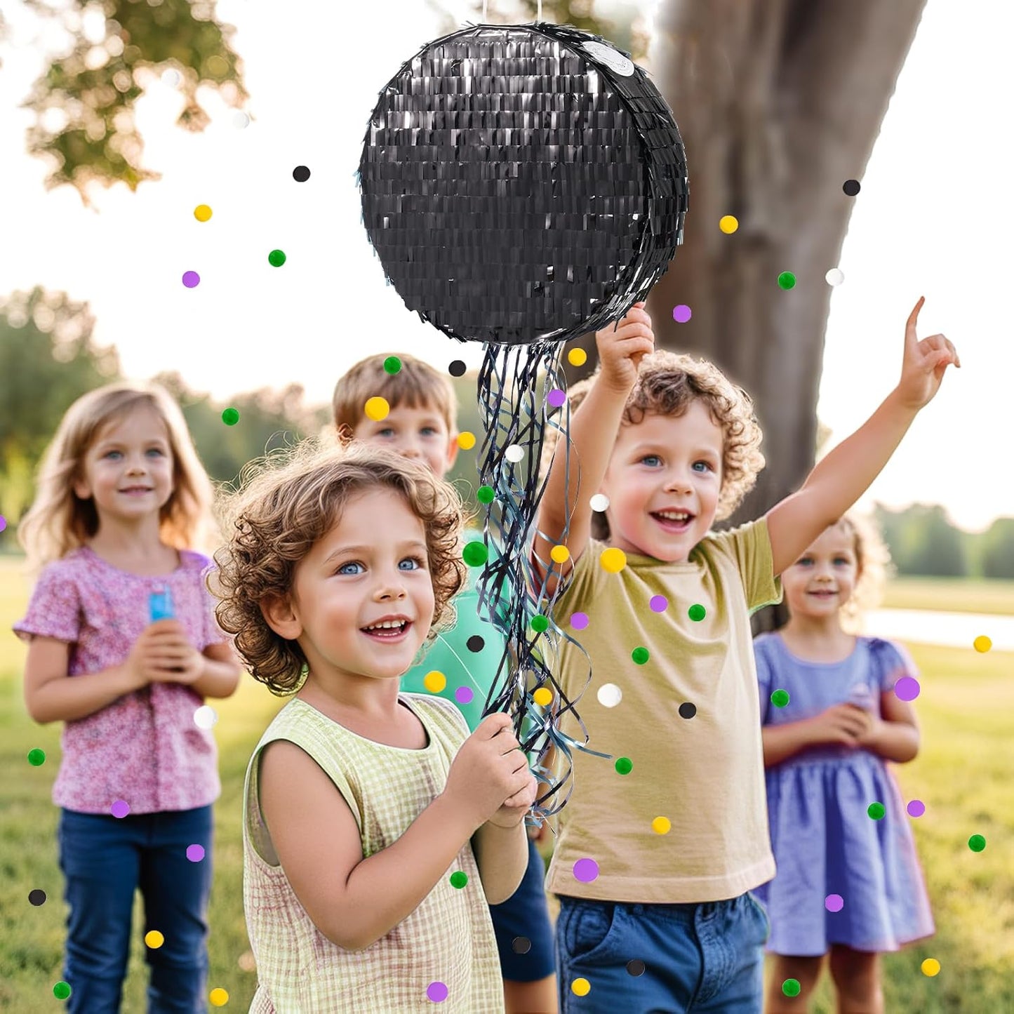 WERNNSAI Black Round Pinata for DIY - Halloween Black Moon Pinata for Kids DIY Birthday Party Disco Decoration for Adult Night Party Supplies with Confetti Bat Blindfold, 12.2”x 12.2”