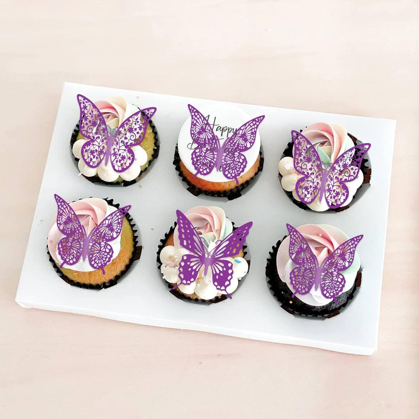 Gyufise 36 Pack Purple 3D Butterfly Cupcake Toppers Hollow Cake Decorations for Birthday Wedding Fairy Party Wall Sticker Decal