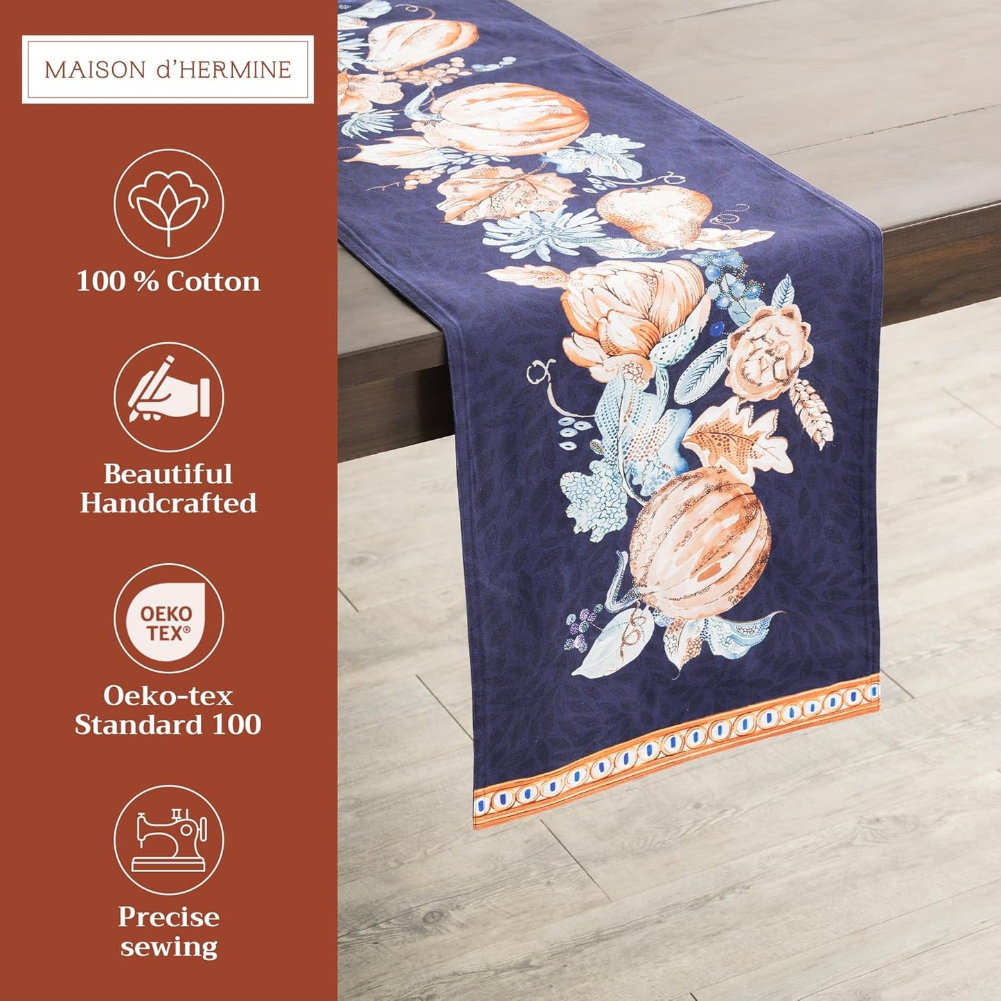 Maison d' Hermine Table Runner 100% Cotton Double Layer Table Runners 72 inches Long for Thanksgiving Christmas Decorations Home Kitchen Dining Party Wedding (Pumpkin Blues, 14.5" x 72")