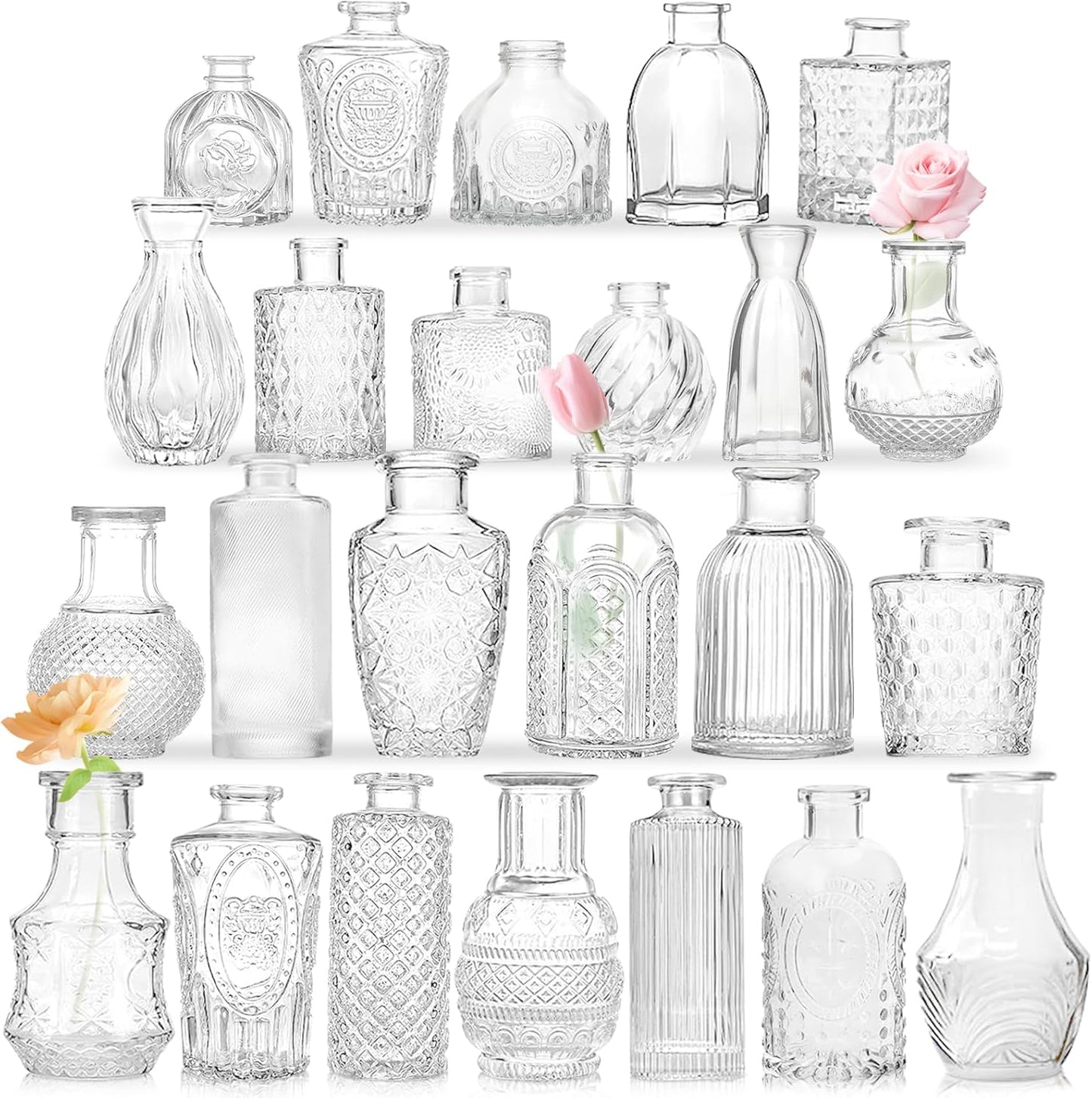 Bud Vases - in Bulk 24,Vintage Small Glass Bud Vases for Flowers, Clear Crystal Mini Glasses in Bulk, Small Flower Design for Centerpieces Wedding Decorations Home Flower Party Decor