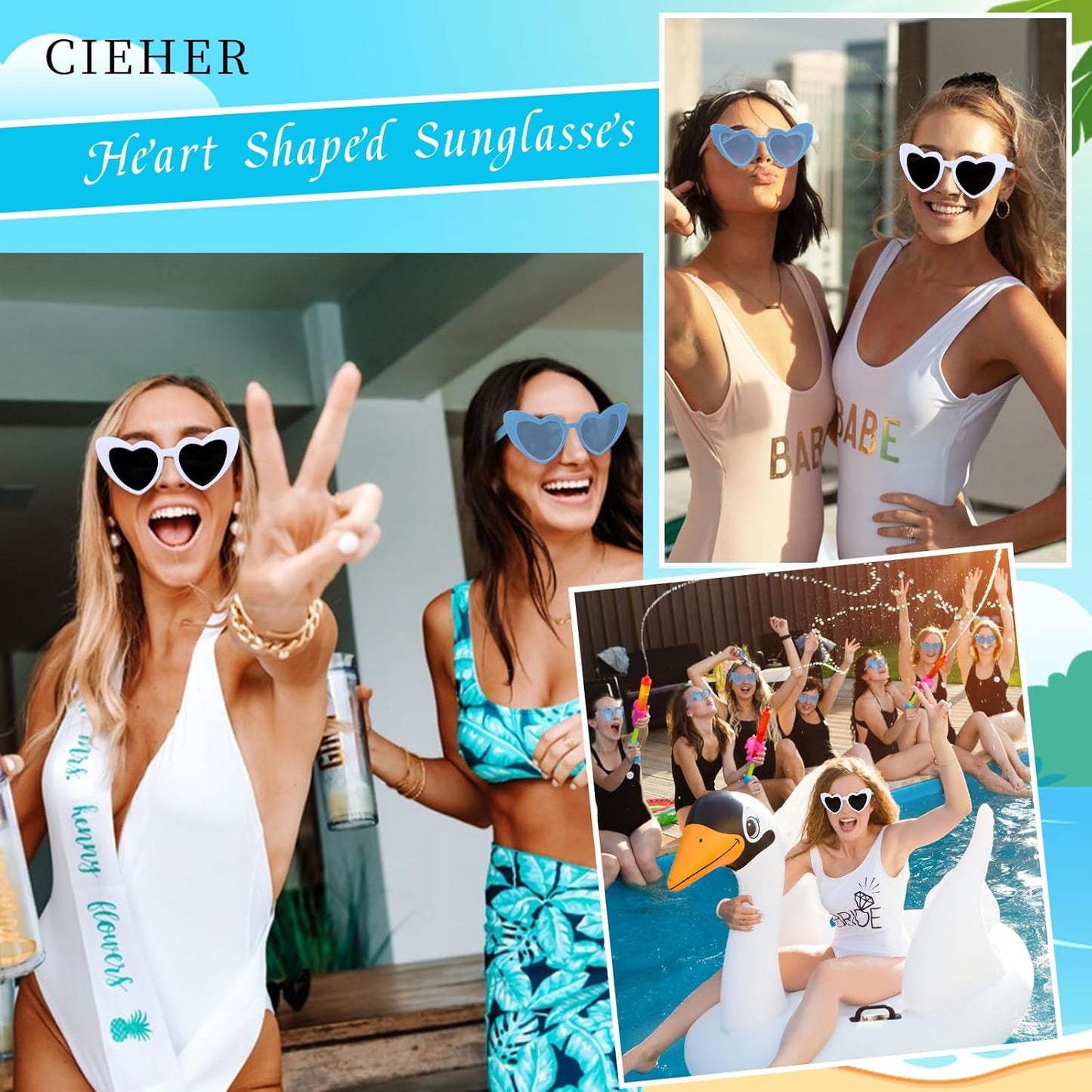 CIEHER Bachelorette Party Favors - White Black Heart Sunglasses for Bride Bridesmaid