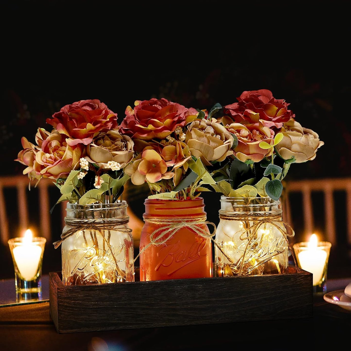 Fall Mason Jar Lights Centerpieces, Thanksgiving Centerpiece for Table, Coffee Table Decorative Jars with Wood Tray Fairy Lights Fake Peony Flowers for Dining Room Kitchen Living Decor - Orange