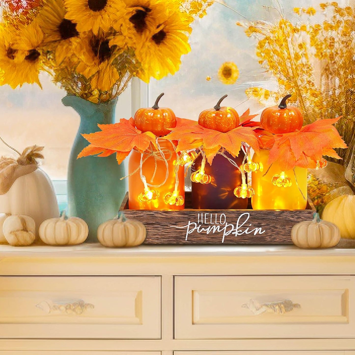 Thanksgiving Decorations Indoor 3 PCS, Thanksgiving Table Decor with Wooden Boxes, Thanksgiving Fall Centerpiece Mason Jars with Pumpkin Decor Lights for Home, Office, Kitchen