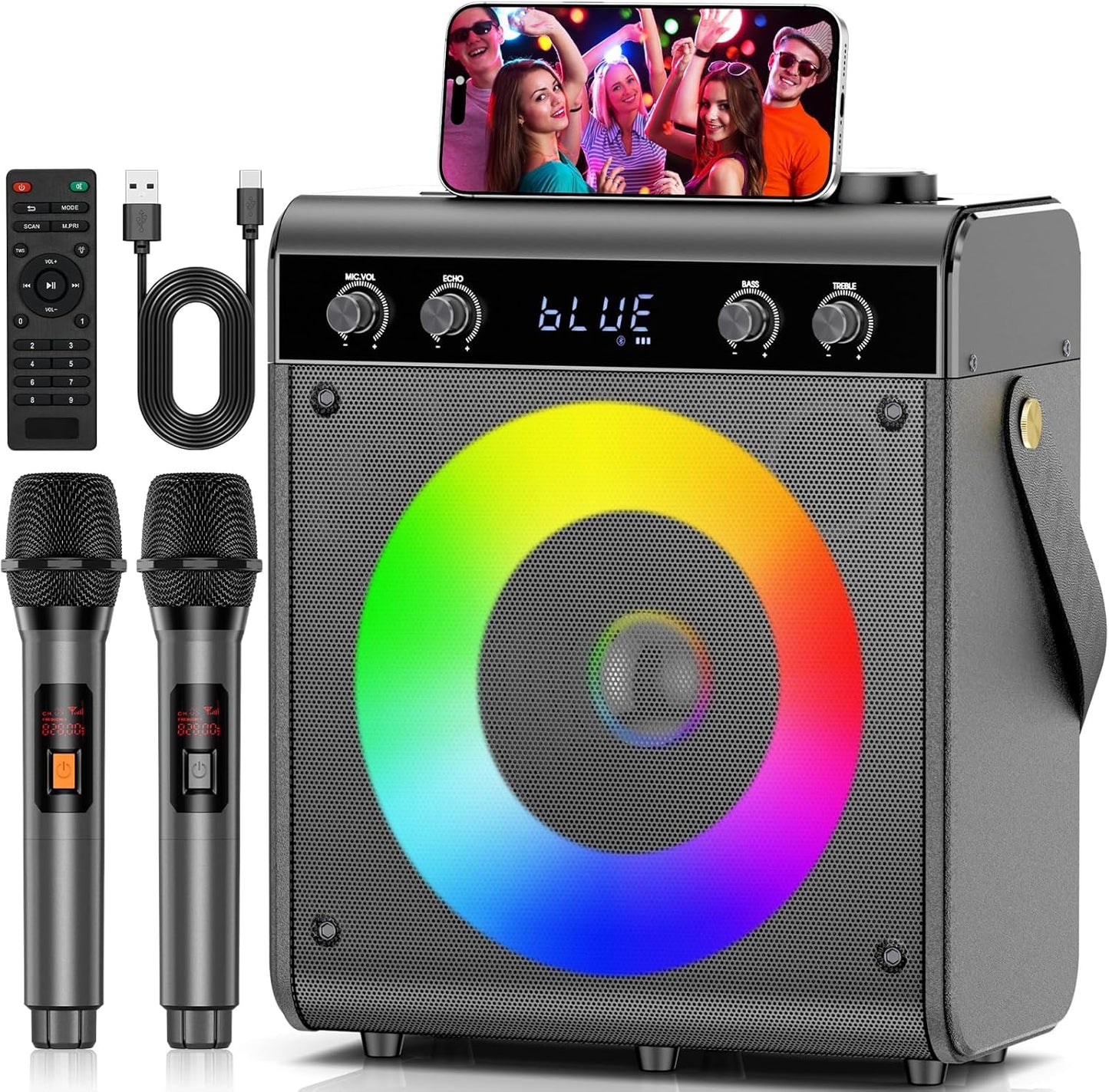 Karaoke Machine with 2 Wireless Microphones, Portable Bluetooth Speaker for Adults Kids with Bass Treble Echo PA System with Remote,LED Light, Supports TF Card,USB,AUX in,TWS,FM,REC for Party
