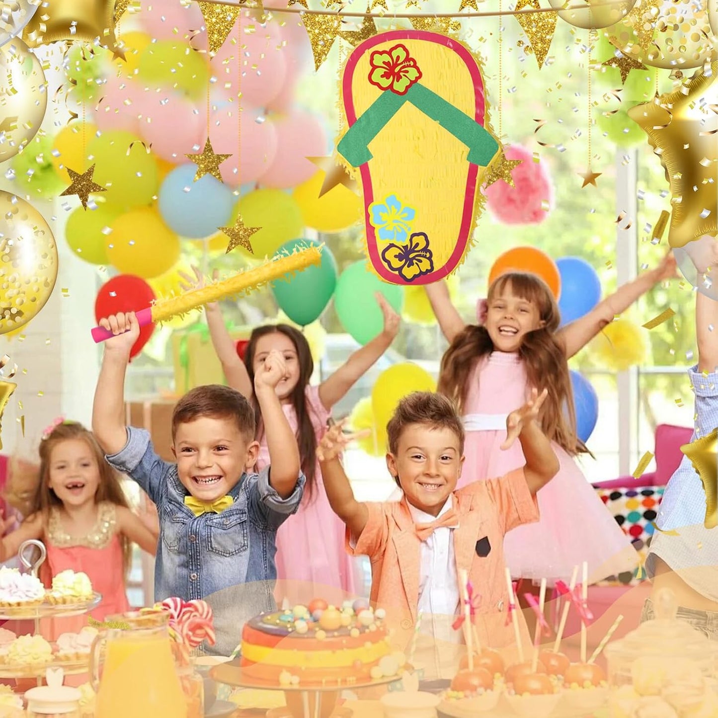 Sandal Pinatas Bundle with a Blindfold and a Bat(17 x 12 x 4 Inches), Perfect for kid's Birthday Parties, Summer Theme Parties and Decorations