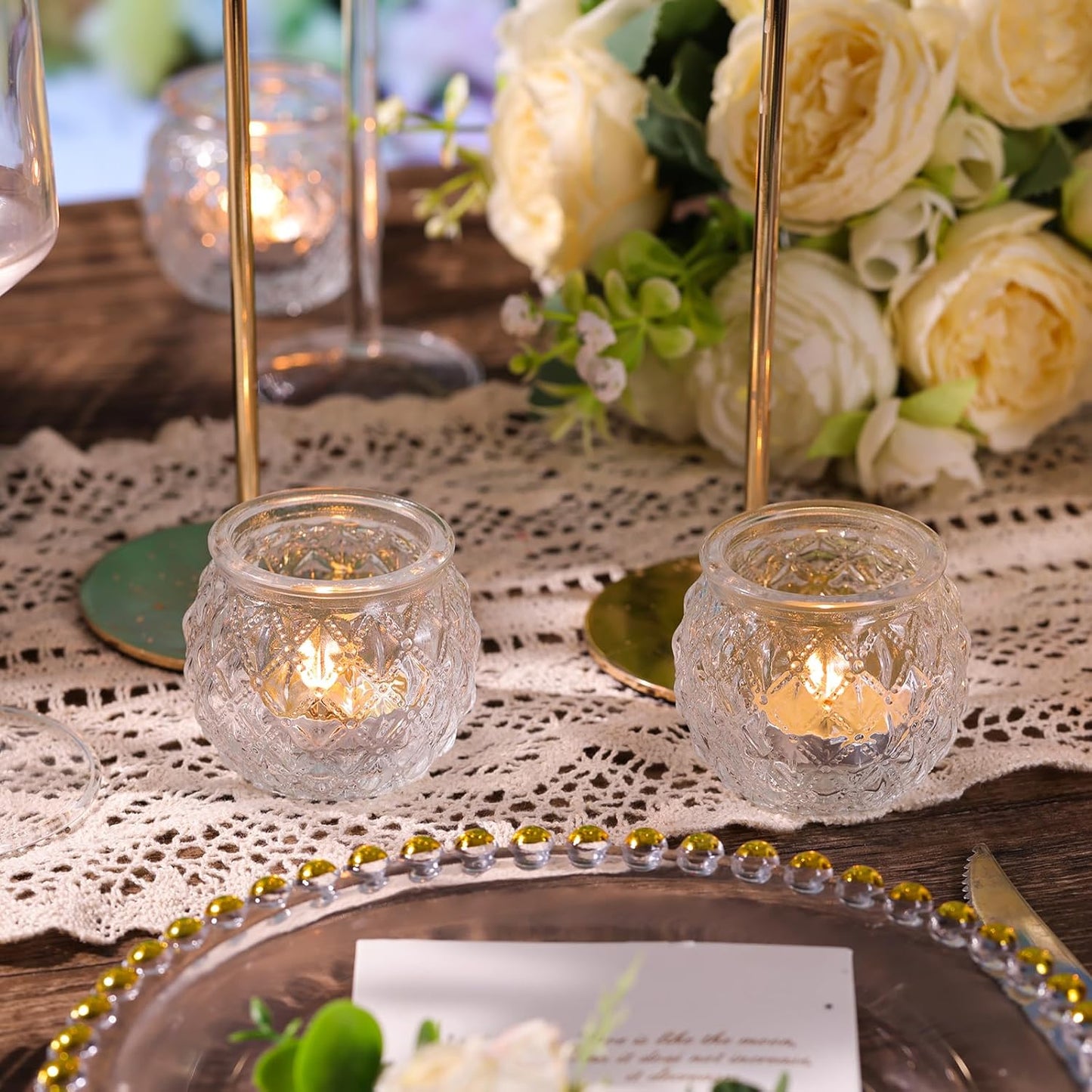 DARJEN 12Pcs Clear Votive Candle Holders - Round Glass Candle Holders for Tea Light Candle, Embossed Candle Votives for Wedding Centerpiece, Living Room & Home Table Decor