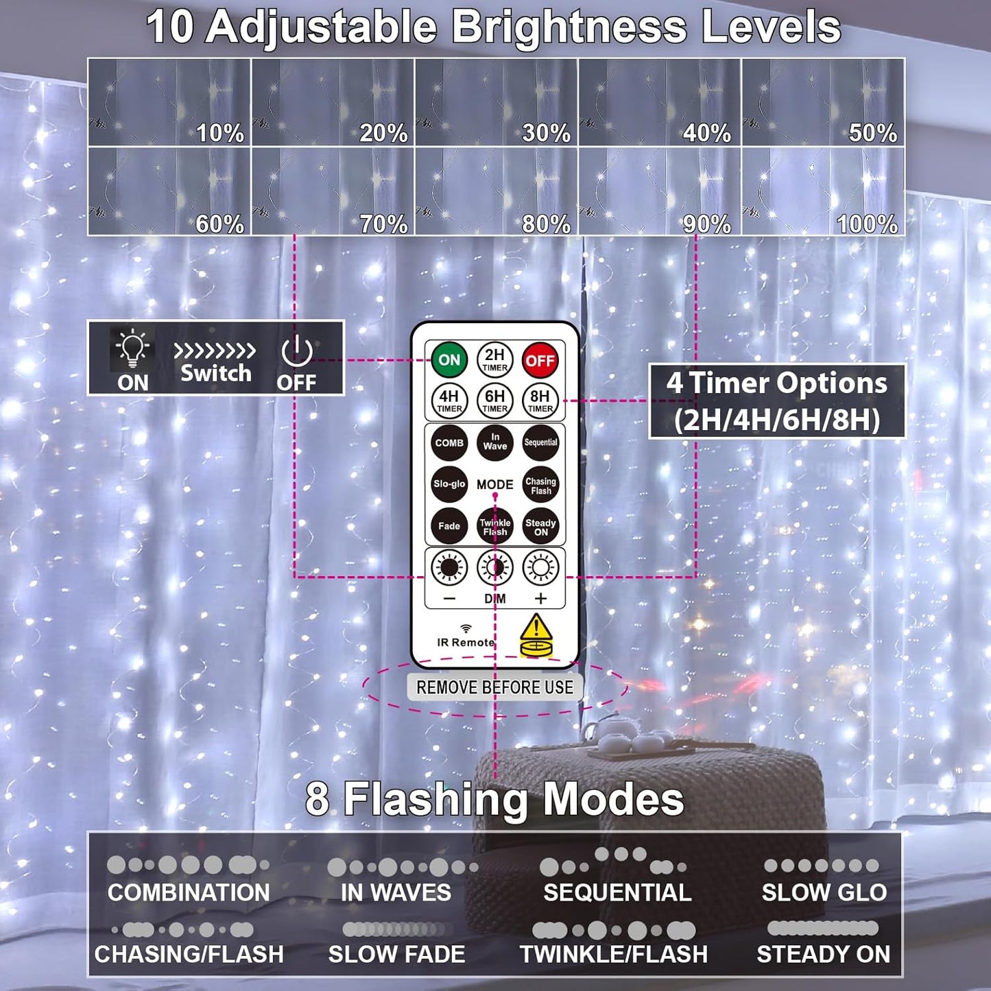 HXWEIYE 300LED Fairy Curtain Lights, 9.8x9.8Ft USB Plug-in 8 Modes Christmas String Hanging Lights with Remote for Bedroom Backdrop Wedding Party Indoor Wall Decor, White