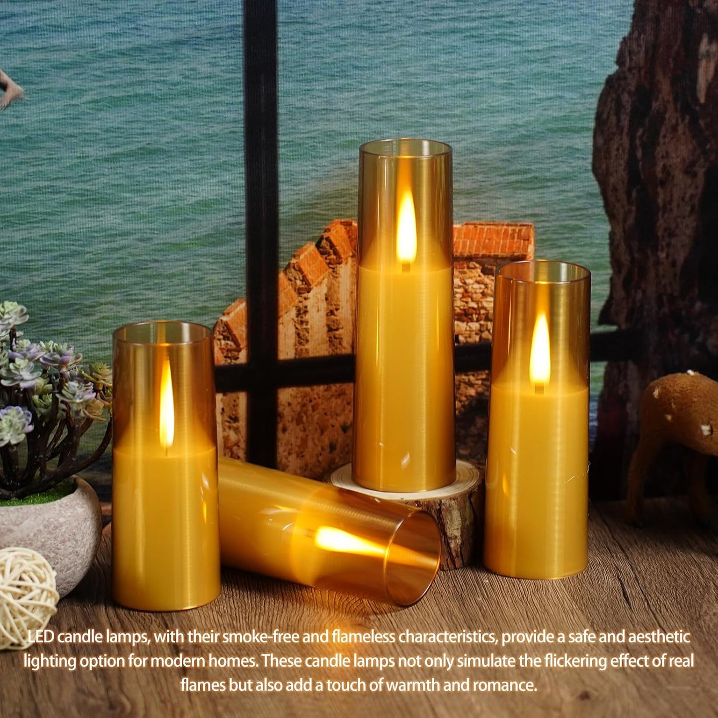Flameless LED Candles, Upgraded Realistic Flickering Flame Battery Operated Candles with Remote Timer, Acrylic Electric Set of 5 for Romantic Ambiance and Home Decoration (Gold)