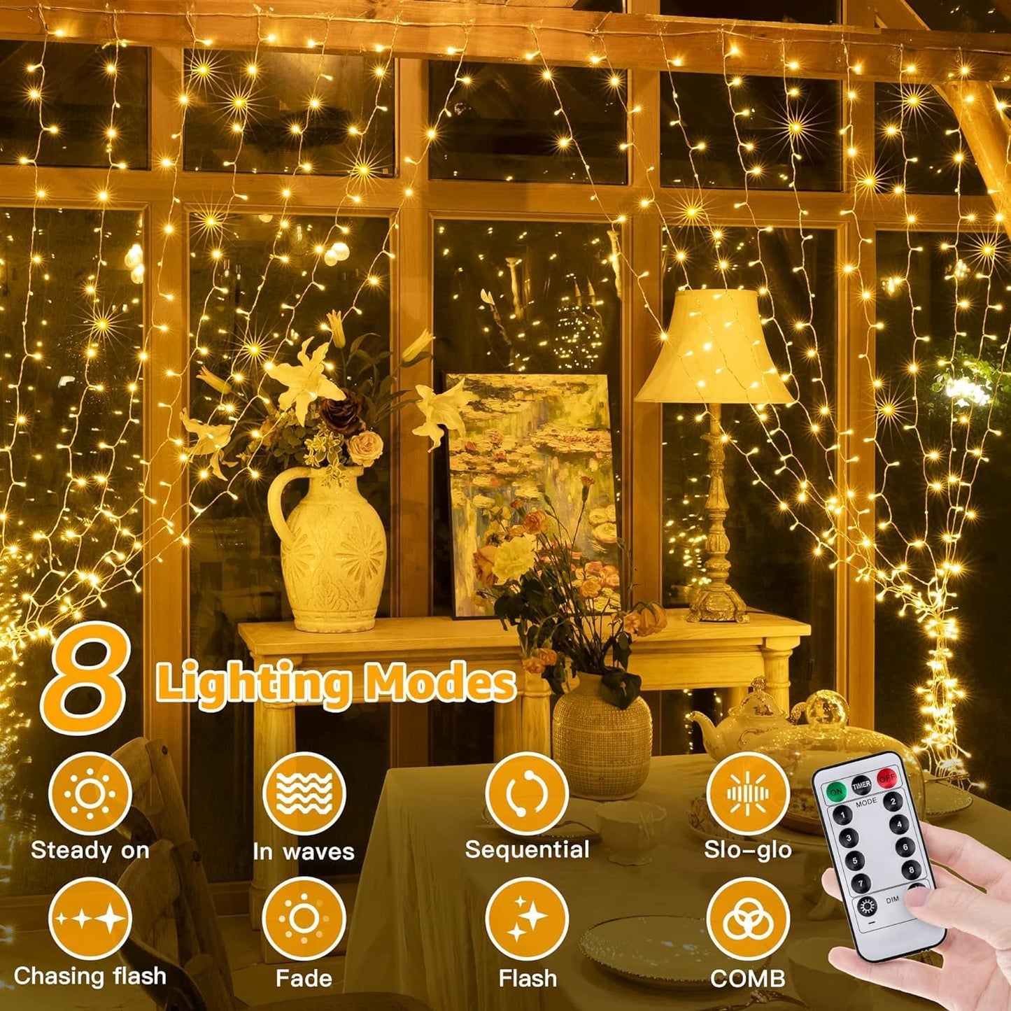 Ollny 2 Pack Curtain String Lights Warm White, 400LED 6.6x6.6ft Fairy Lights With Remote 8 Modes, Hanging Outdoor Waterproof, USB Power Wall for Bedroom Indoor Backdrop Window
