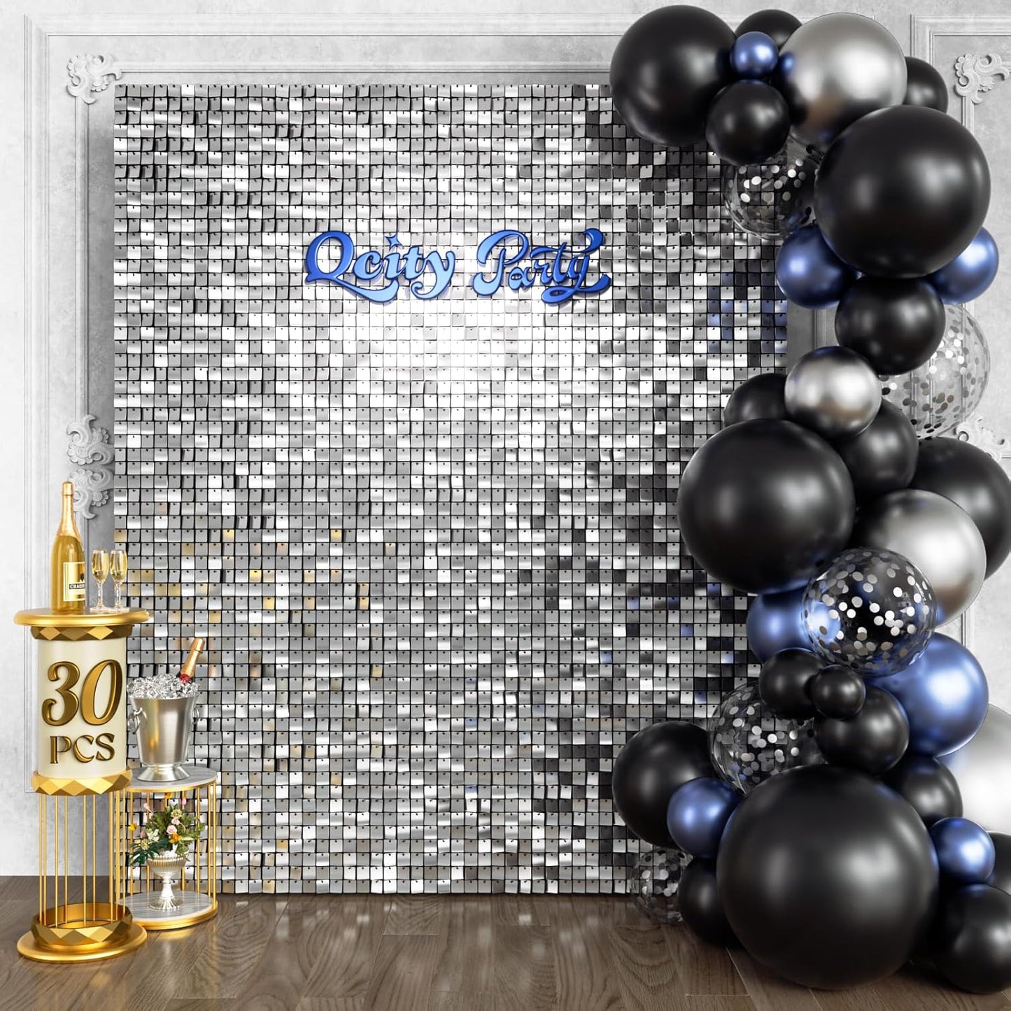 Qcity Silver Shimmer Wall Backdrop 30PCS, Black Back Not See-Through Design, Square Sequin Glitter Backdrop Panel, Perfect for Outdoor Events, Birthdays, Wedding and Party Decoration