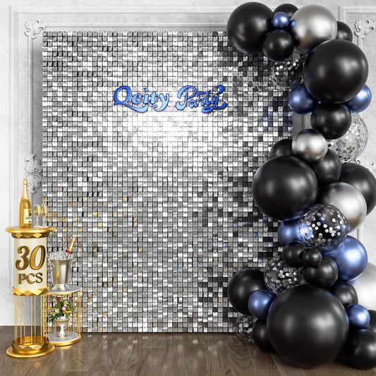 Qcity Silver Shimmer Wall Backdrop 30PCS, Black Back Not See-Through Design, Square Sequin Glitter Backdrop Panel, Perfect for Outdoor Events, Birthdays, Wedding and Party Decoration